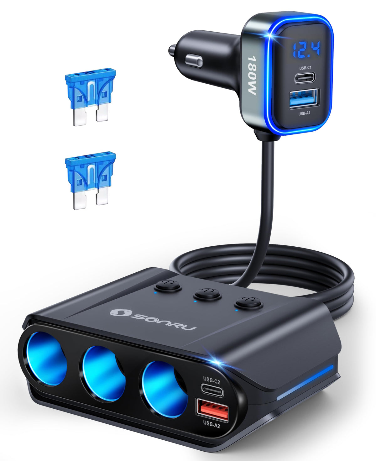 7 in 1 Cigarette Lighter Splitter, 180W [Dual PD & QC 3.0] Car Charger Adapter, 12V/24V Car USB Adapter Multi Socket with Voltmeter Fast Charging for