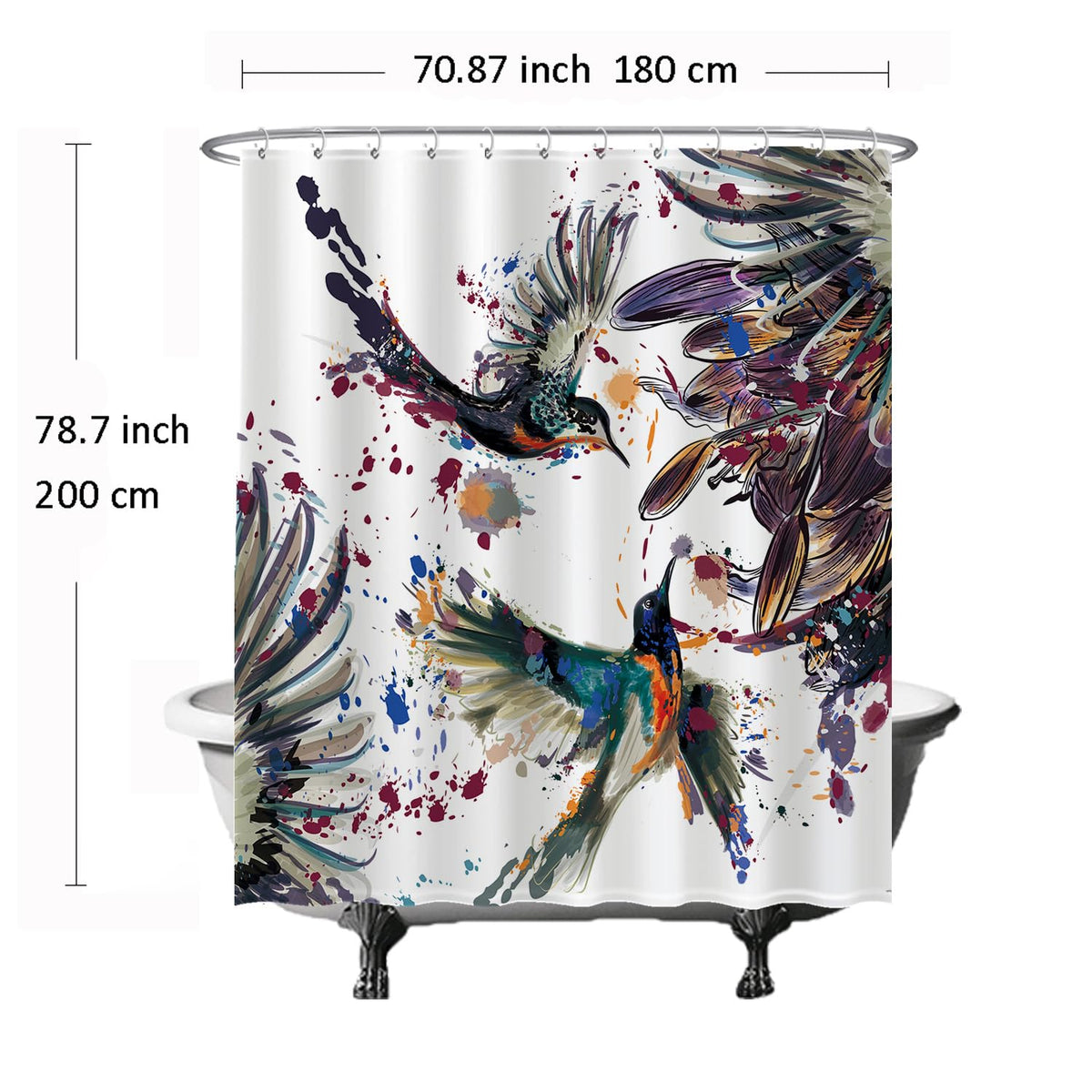 Ulticool Shower Curtain - Birds Feather Art Animals - 180 x 200 cm - Washable - Anti Mould - with 12 Rings - White Blue Purple