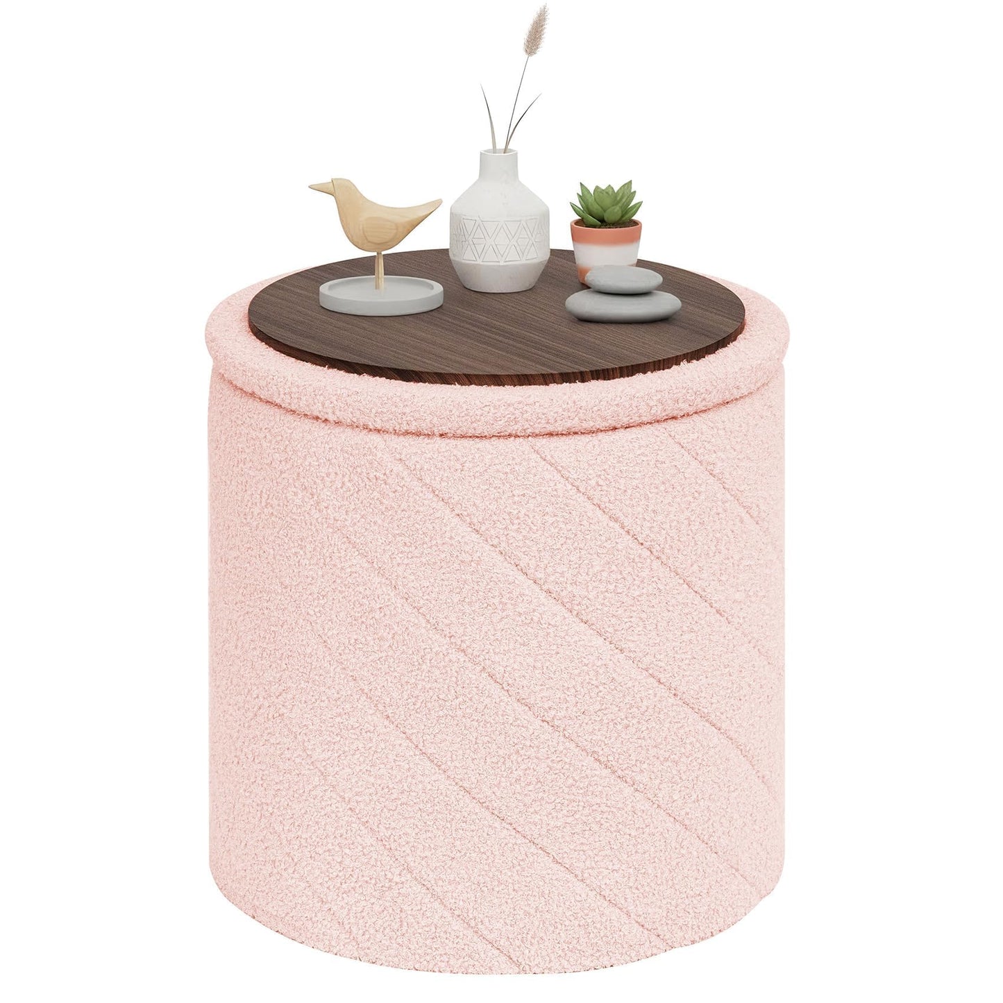 PINPLUS Round Ottoman Storage Box, Folding Stool, Pink, 43x43x45 cm