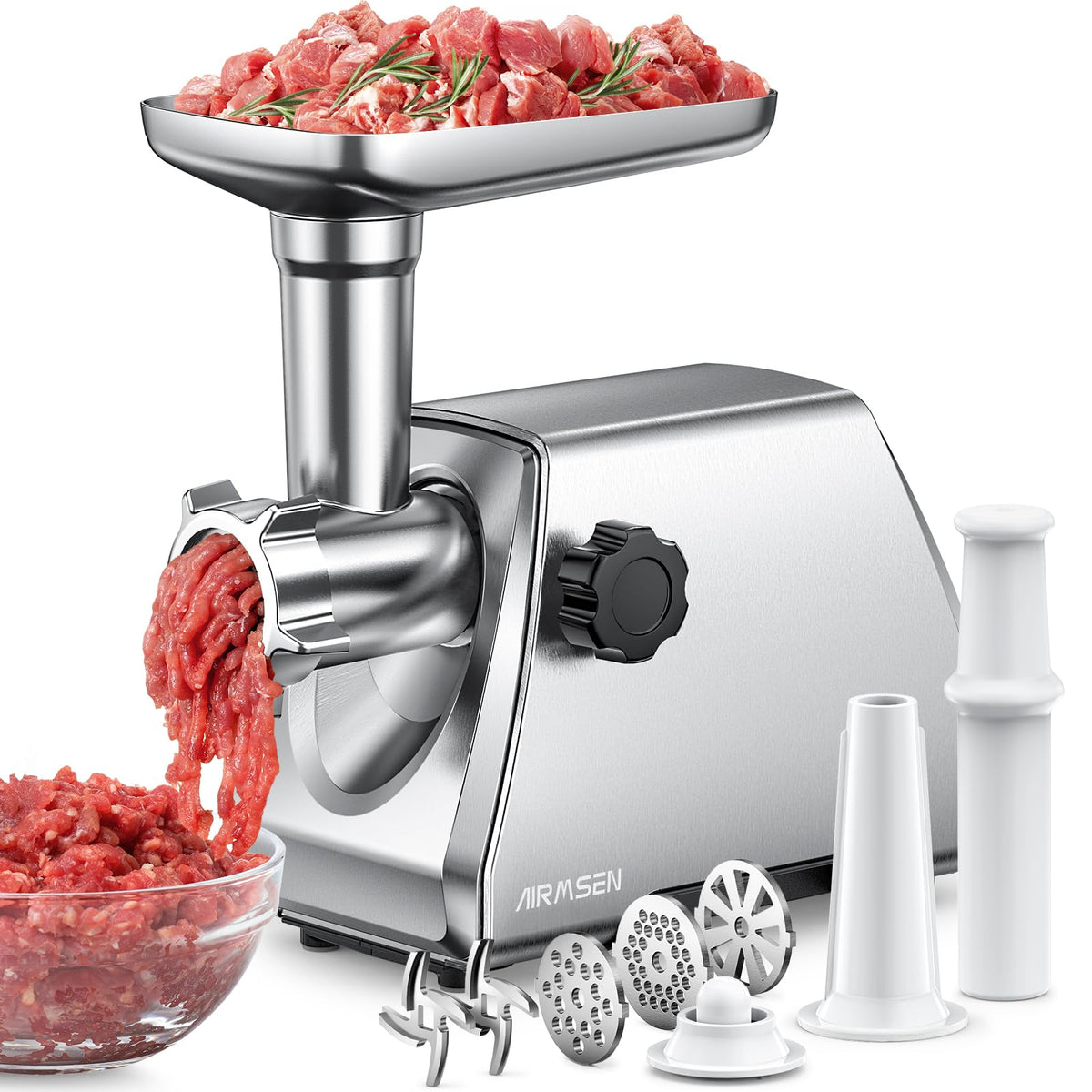 AIRMSEN Heavy Duty Electric Meat Grinder ? Fast Quiet Meat Mincer with 3 Plates, 2 Stainless Blades & Kubbe Kit ? Easy to Clean for Home Cooking &