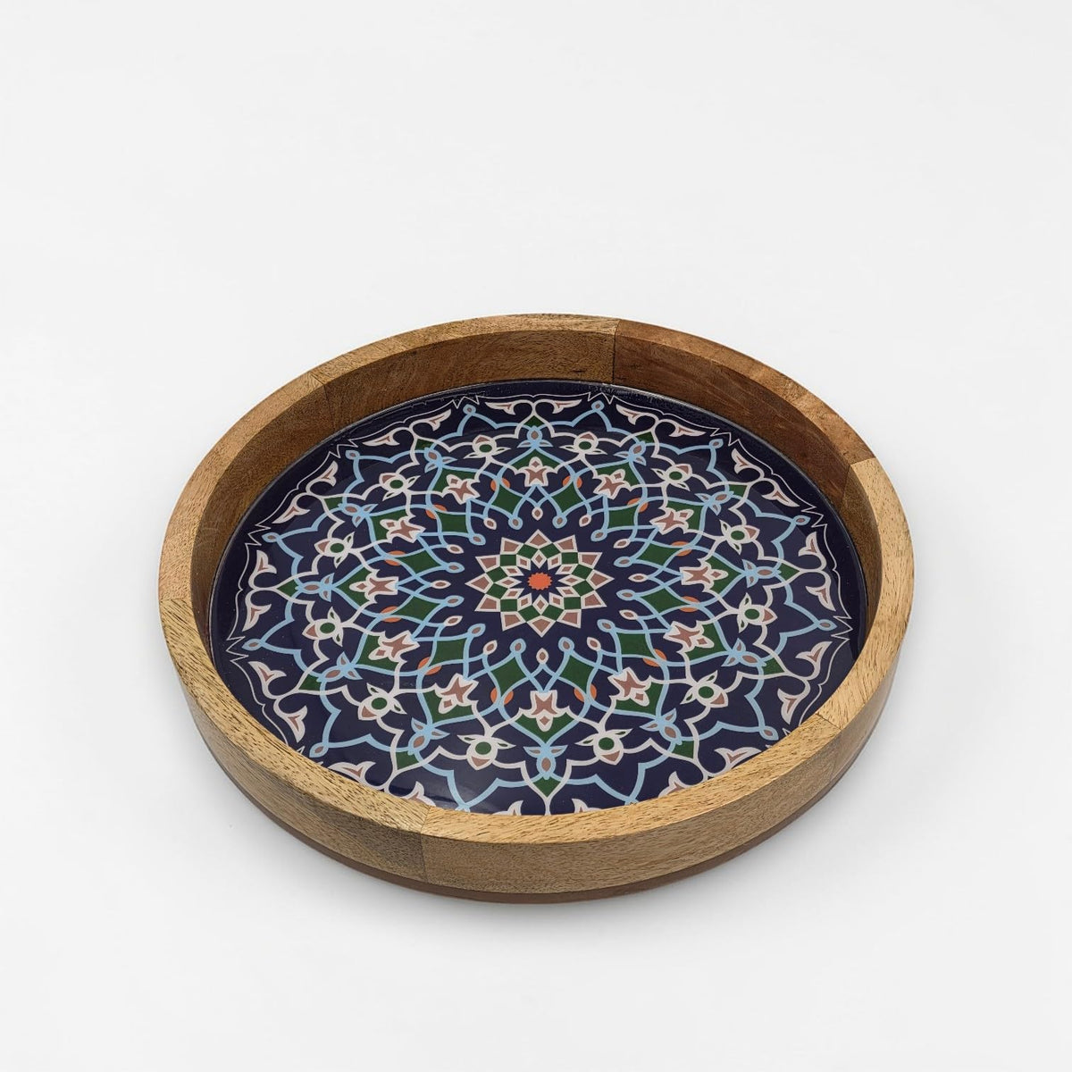 Woodmede Mango Wood Artisan Side Table 18” – Handmade Round Accent Table with 36cm Resin-Coated Enamel Top