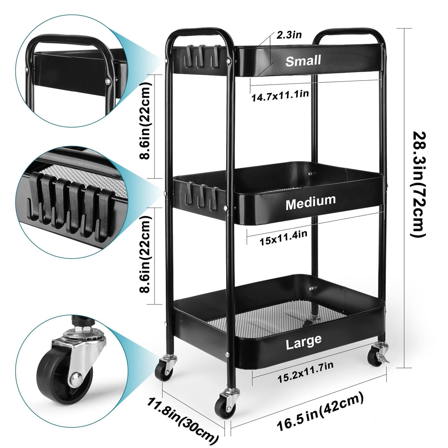 Viuxule Storage Cart, 3 Tier Metal Trolley Cart with Wheels, Black Rolling Utility Cart for Kitchen, Bathroom, Office, Bedroom