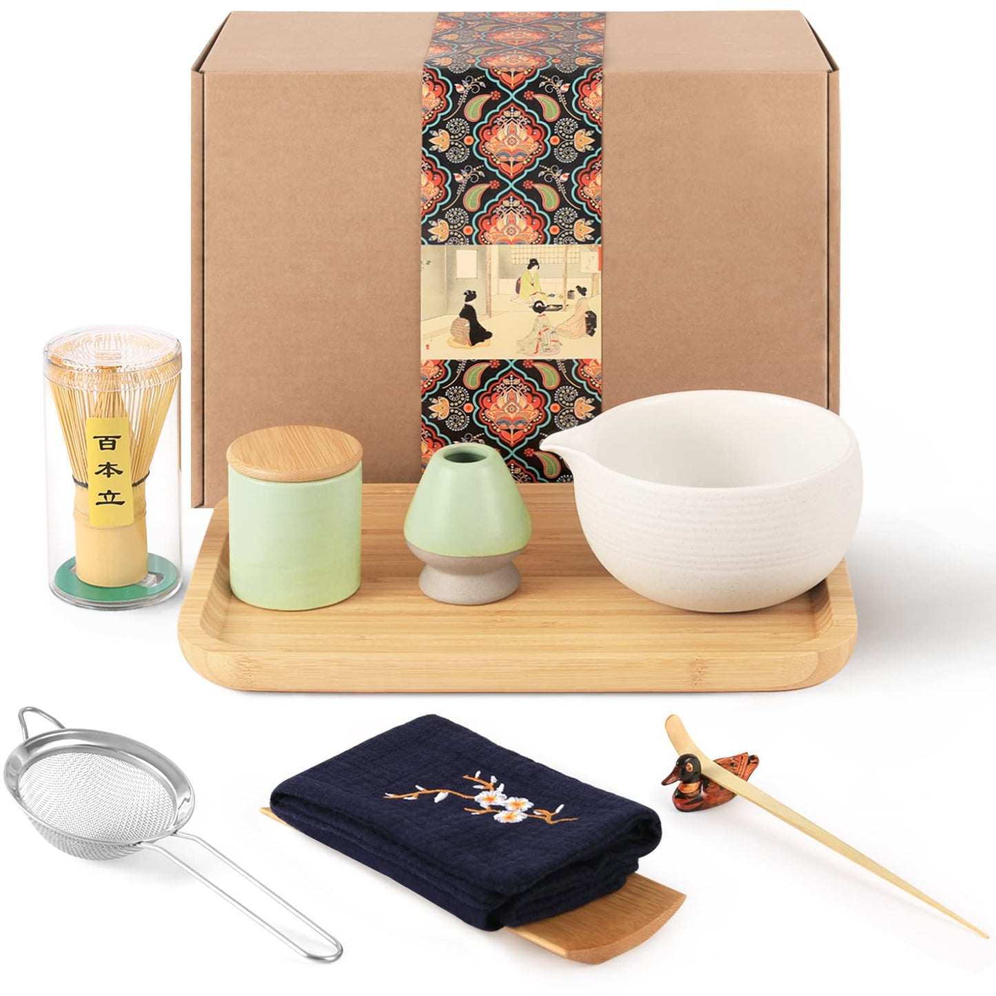 Artcome Japanese Matcha Tea Set, Matcha Bowl with Pouring Spout, Tea Tray, Matcha Whisk, Ceramic Whisk Holder, Matcha Powder Caddy, Handmade Matcha