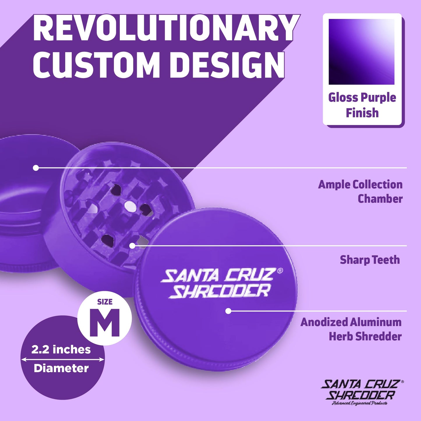 Santa Cruz Shredder Herb Grinder 3 Piece Medium 2 1/8" Superior Grip and Aluminium (Purple)