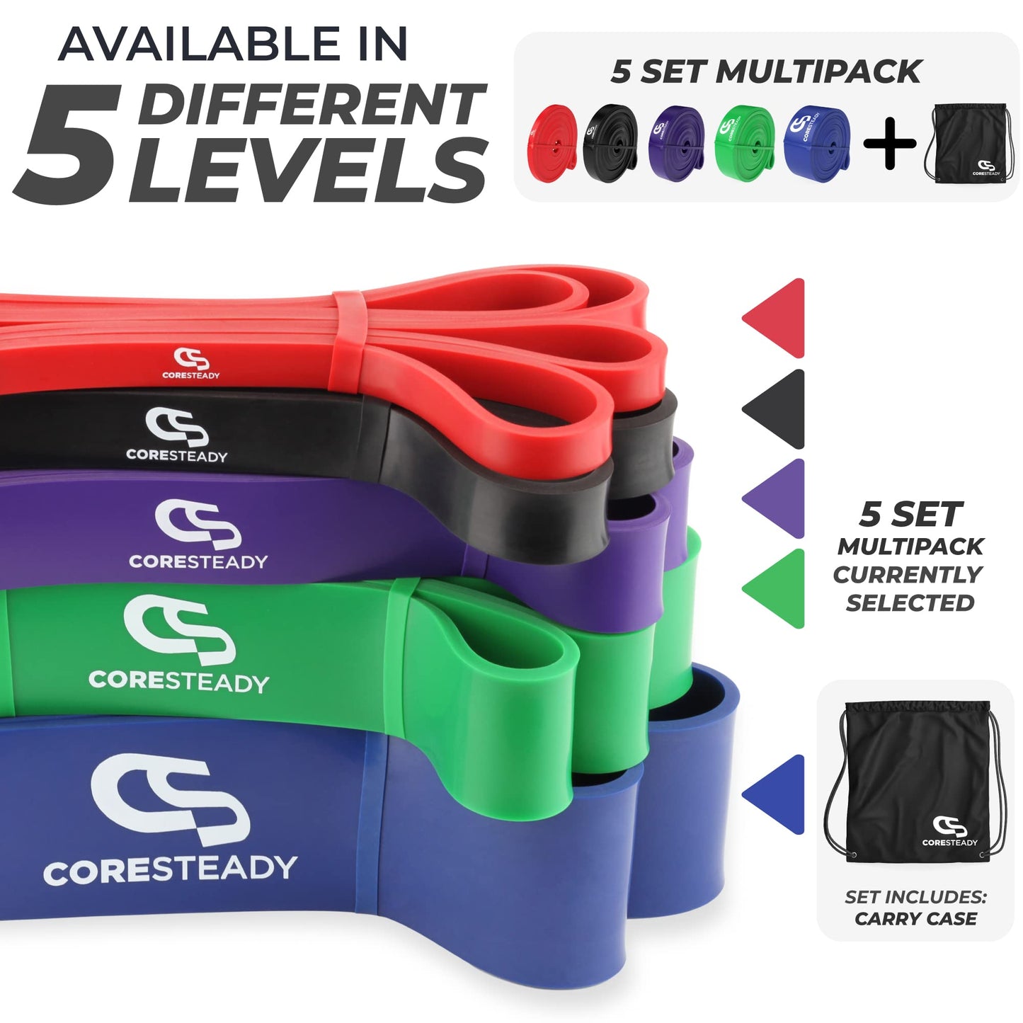 Coresteady Pull Up Bands & Resistance Bands Set of 5 - Rubber Heavy Duty Elastic Loop Band for Men & Women - Build Fit Power & Muscle - Training,