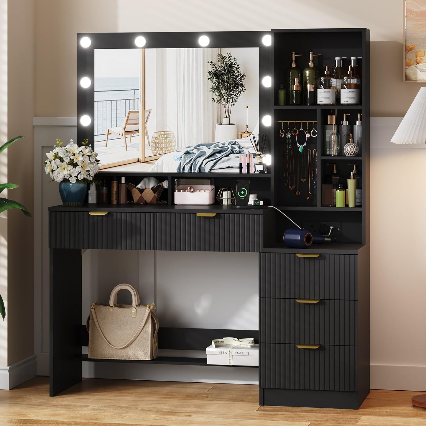 JUMMICO Dressing Table with LED Lights,Vanity Desk with Mirror and 5 Drawers,Modern Makeup Desk with Jewellery Hooks and Power Outlet for Bedroom