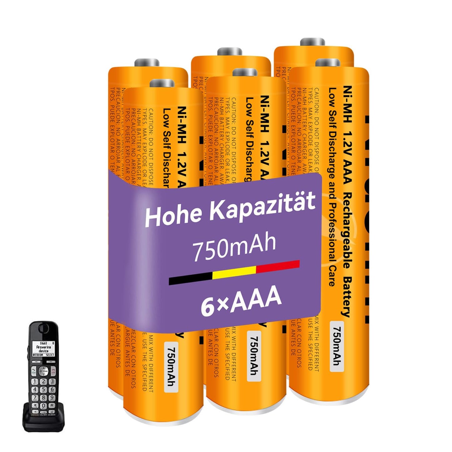 1.2V 750mah NI-MH AAA Rechargeable Battery for Panasonic BT, 6 Pack AAA rechargeable Batteries for Gigaset Cordless Phones