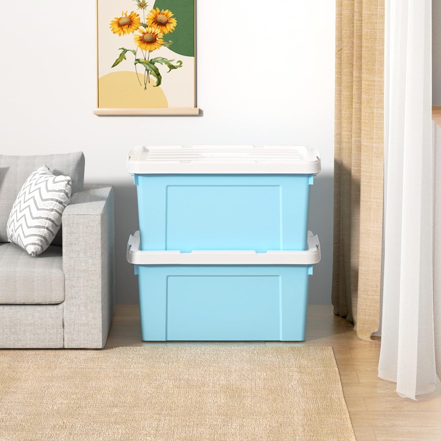 Cetomo 35L*3 Storage Boxes, Carry Plastic Storage Box with Lids, Organizing Container with Handle and Secure Latching Buckles, Stackable, Nestable