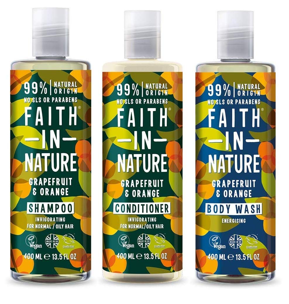 Faith In Nature Grapefruit and Orange Shampoo, Conditioner and Body Wash Trio | Vegan | Cruelty Free | 99% Natural Fragrance | Free From SLS or