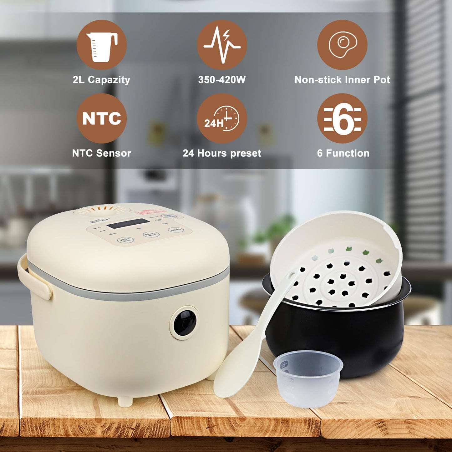 Bear Multifunctional 4 Cups(Uncooked) Rice Cooker with Steamer and 6 Rice Cooking Functions for 2-3 People - Perfect for White/Brown Rice, Porridge,