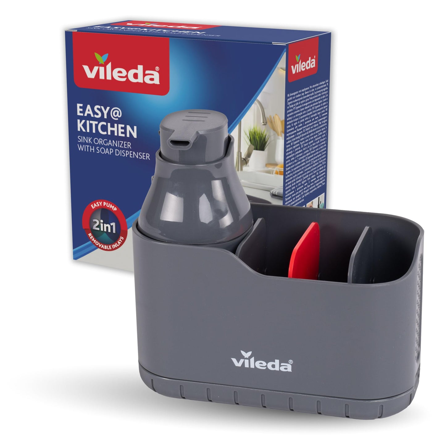 Vileda Sink Organiser with Washing Up Liquid Dispenser Plastic - Free-Standing Sponge Holder Kitchen - Sink Organiser with Soap Dispenser for Sponges