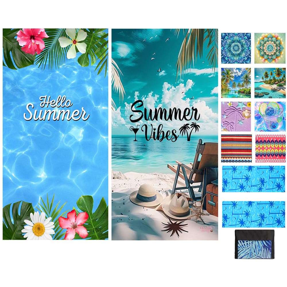 JAODFK 2 Pcs Microfibre Beach Towel 71"X32" Quick Dry Lightweight Sand Free Extra Large Thin Blue Towels Travel Essentials For Adults Womens Swim