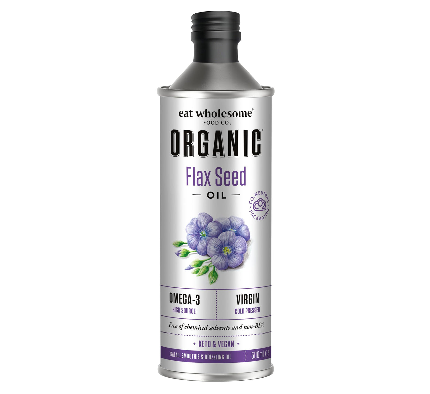 Eat Wholesome Organic Flax Seed Oil, 500ml - Cold Pressed, Unrefined, High Source of Omega 3, 100 Percent Pure and Natural, For Smoothies, Salads,