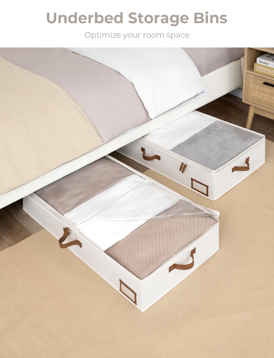 StorageWorks Underbed Storage Box, Under Bed Clothes Organizer With Sturdy Structure and Ultra Thick Fabric, Ivory White, Large, 2 pack