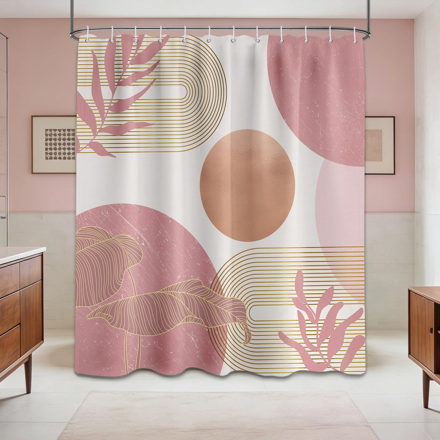 LanZanthic Blush Pink Boho Shower Curtains for Bathroom Light Pink and White Women MCM Wet Room Shower Curtain with hooks, Mould Proof Resistant