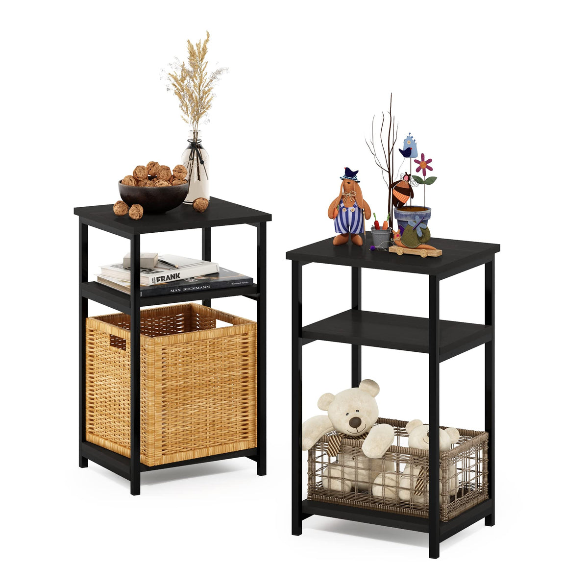 Furinno JUST Side Table Set of 2, 3-Tier Metal Frame End Table with Open Shelf, Night Stand, Bedside Table, for Living Room, Bedroom, Espresso