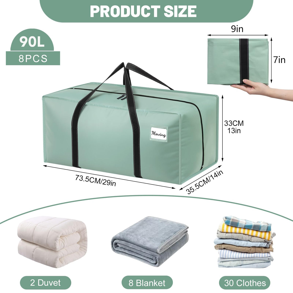 Dntorx 8 Pack 90L Moving Bags, Heavy Duty Waterproof Storage Bags, Green