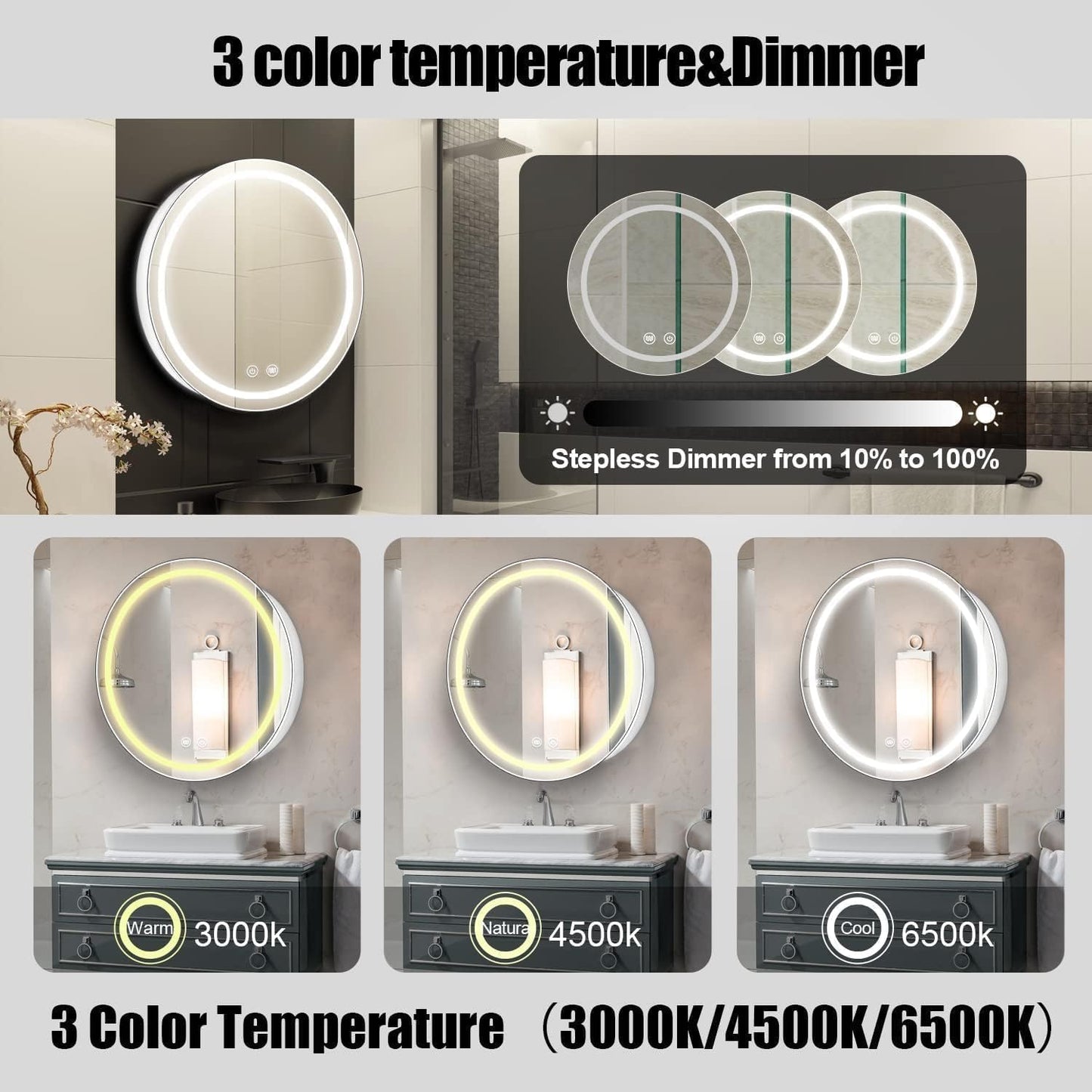 Janboe 61cm Round Mirror Cabinet with Lights,with Defogger,Dimmable,Anti-Fog,3 Colors,White