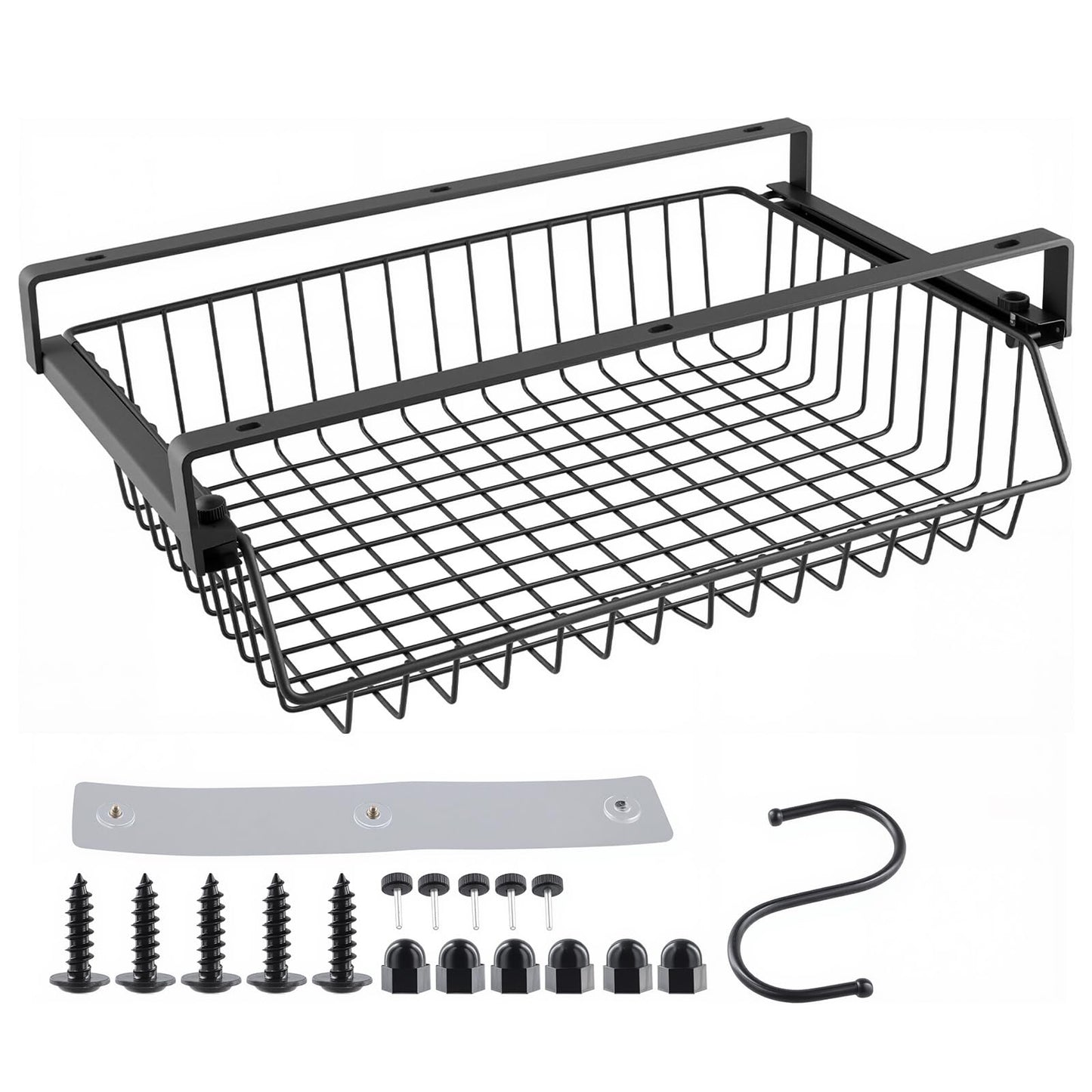 FUNSUEI No-Drill Under Desk Storage Basket, Black Slide-Out Self Adhesive Drawer, Metal Storage Basket for Office, Home, 37× 23.5 ×11 cm
