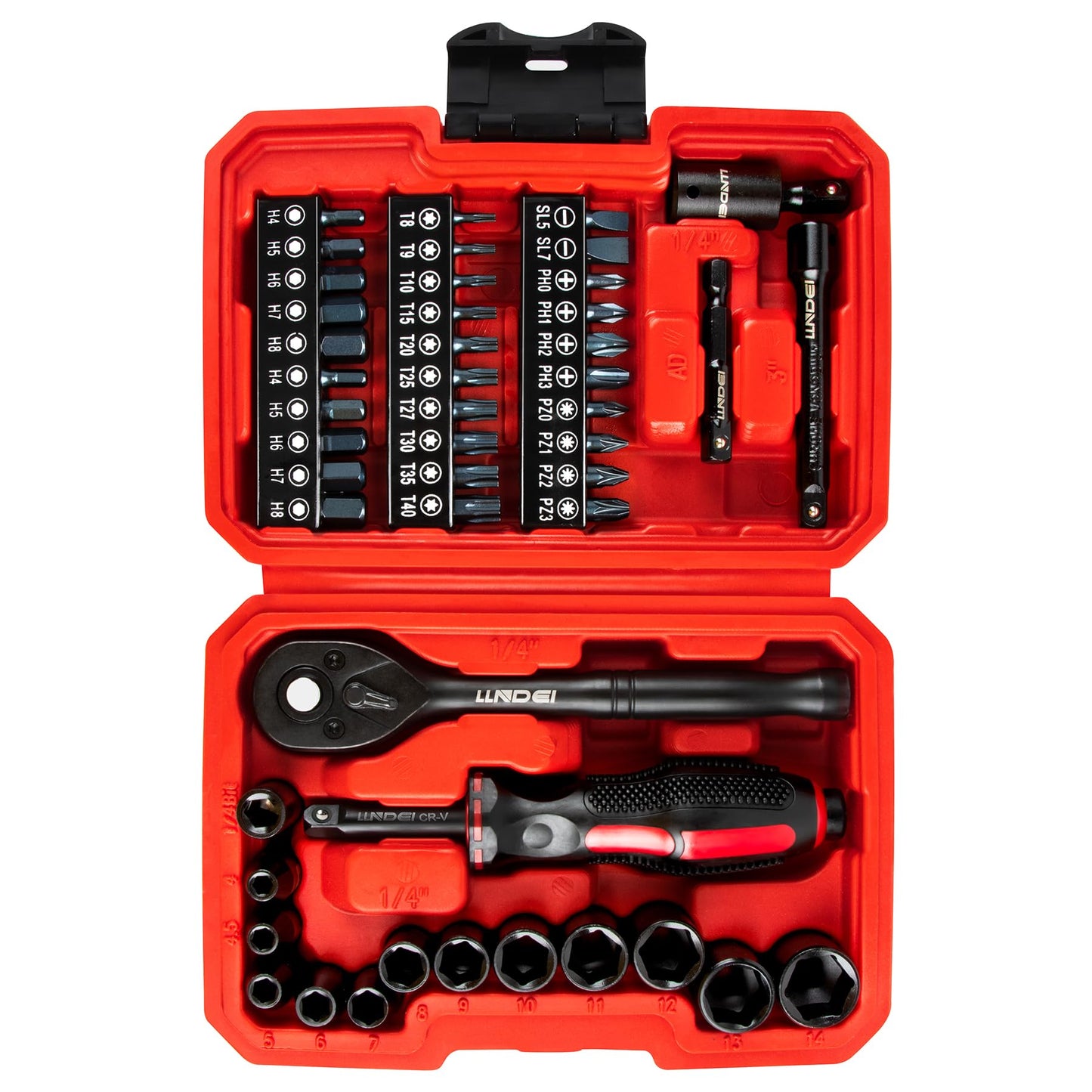 LLNDEI 48 Piece 1/4 Inch Mini Socket Ratchet Wrench Set, Metric Shallow Socket (4-14mm) 6-Point,with 72 Teeth Mini Ratcheting Wrench, Screwdriver Bit