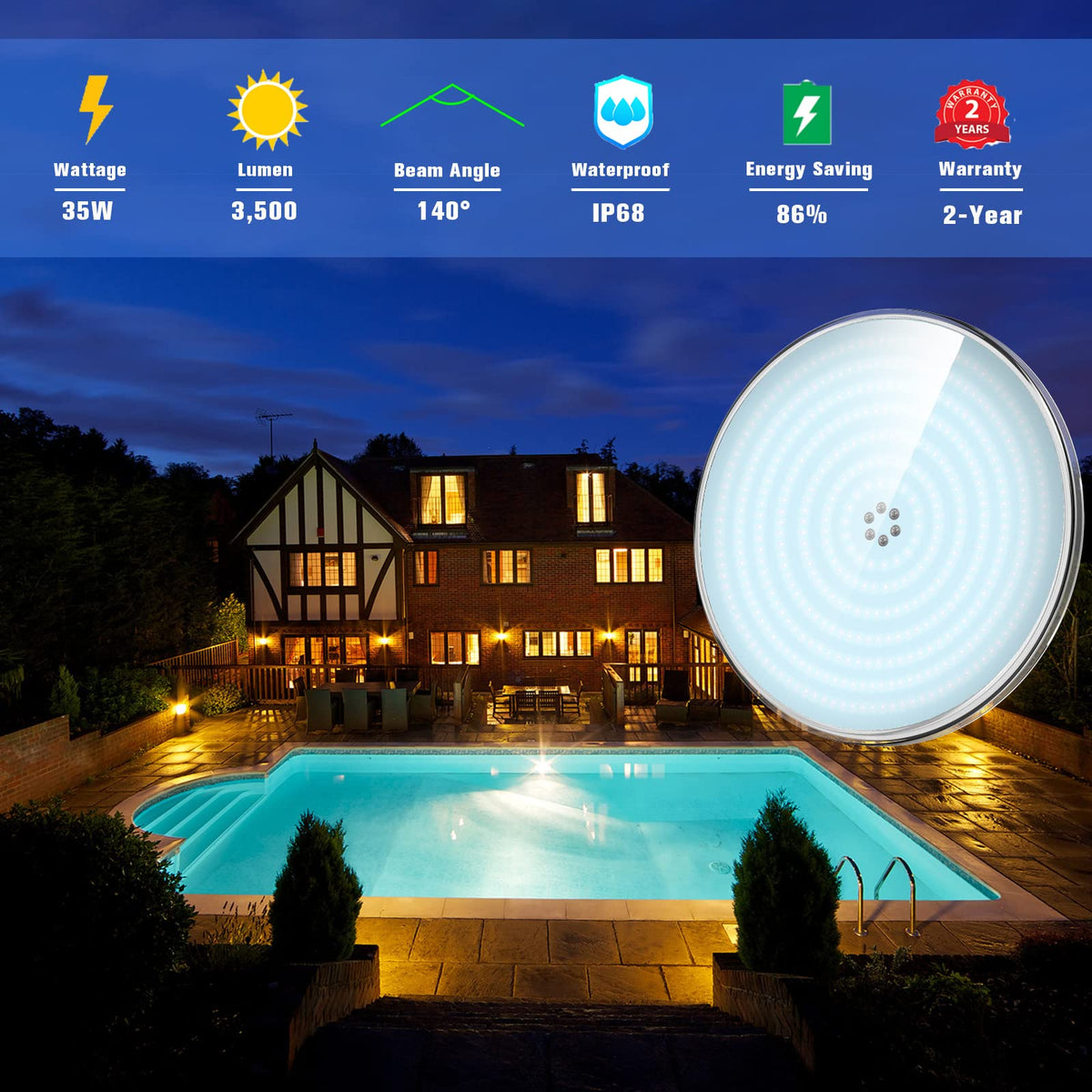 LyLmLe LED Swimming Pool Light Resin Filled, 35W PAR56 Submersible Underwater Lamp (Equivalent 300W Halogen Bulbs), Super Bright Spotlight, 3500lm,