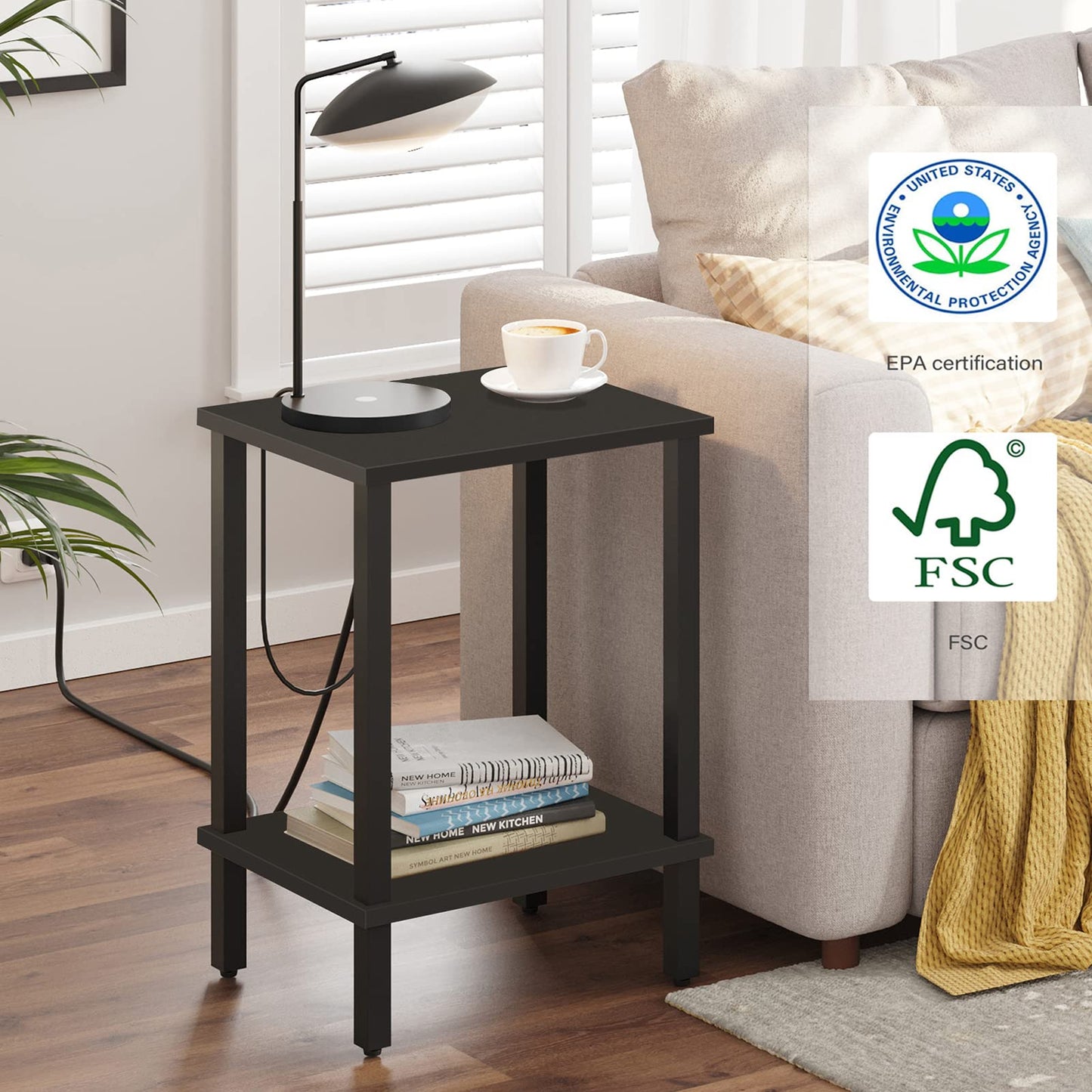 TUTOTAK Side Table, Bedside Table, Night stand, 2-Tier Storage Shelf, End Table for Small Space, Living Room, Bed Room, Black TB01BK034EU