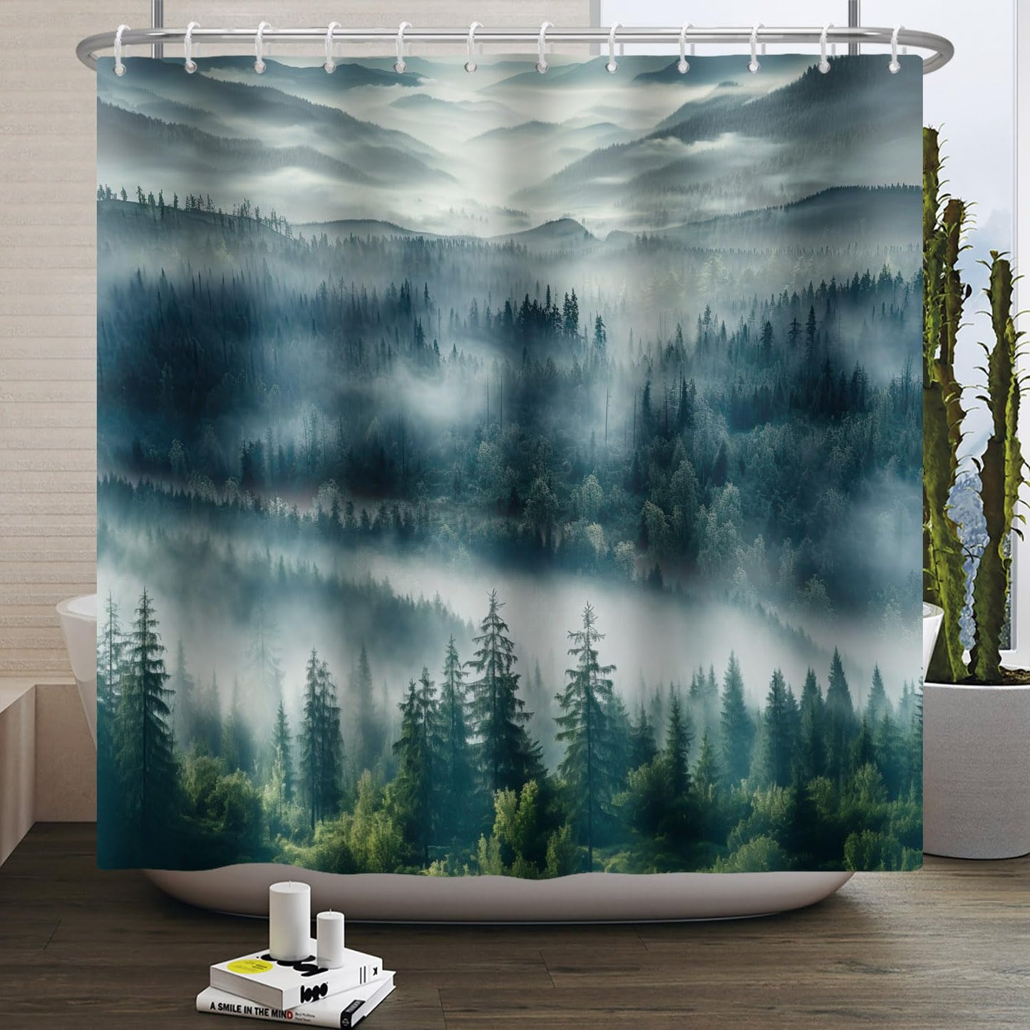 ASDCXZ Forest Shower Curtain 180x200 cm, Natural Landscape Blue Green Fog Forest Jungle Mountain Peak Cloud Washable Shower Curtains Polyester