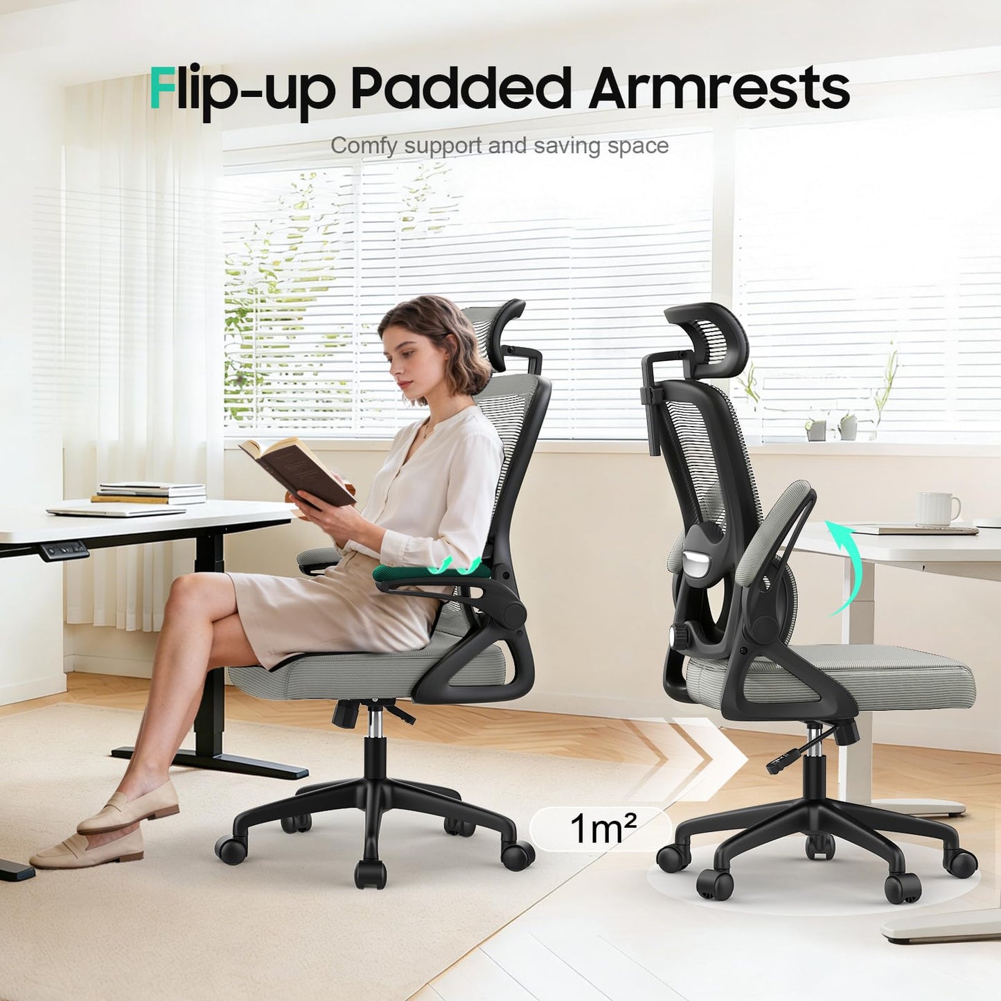 YONISEE Office Chair, Ergonomic Desk Chair -Dual Backrest Design with 2D Lumbar Support & Adjustable Headrest. Swivel Computer Chair with Flip-up