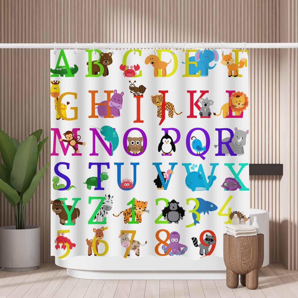 Woutay Shower Curtain Water Repellant Fabric Animal Themed Alphabet,Mould Proof Resistant,Polyester,with 12 Plastic Hooks