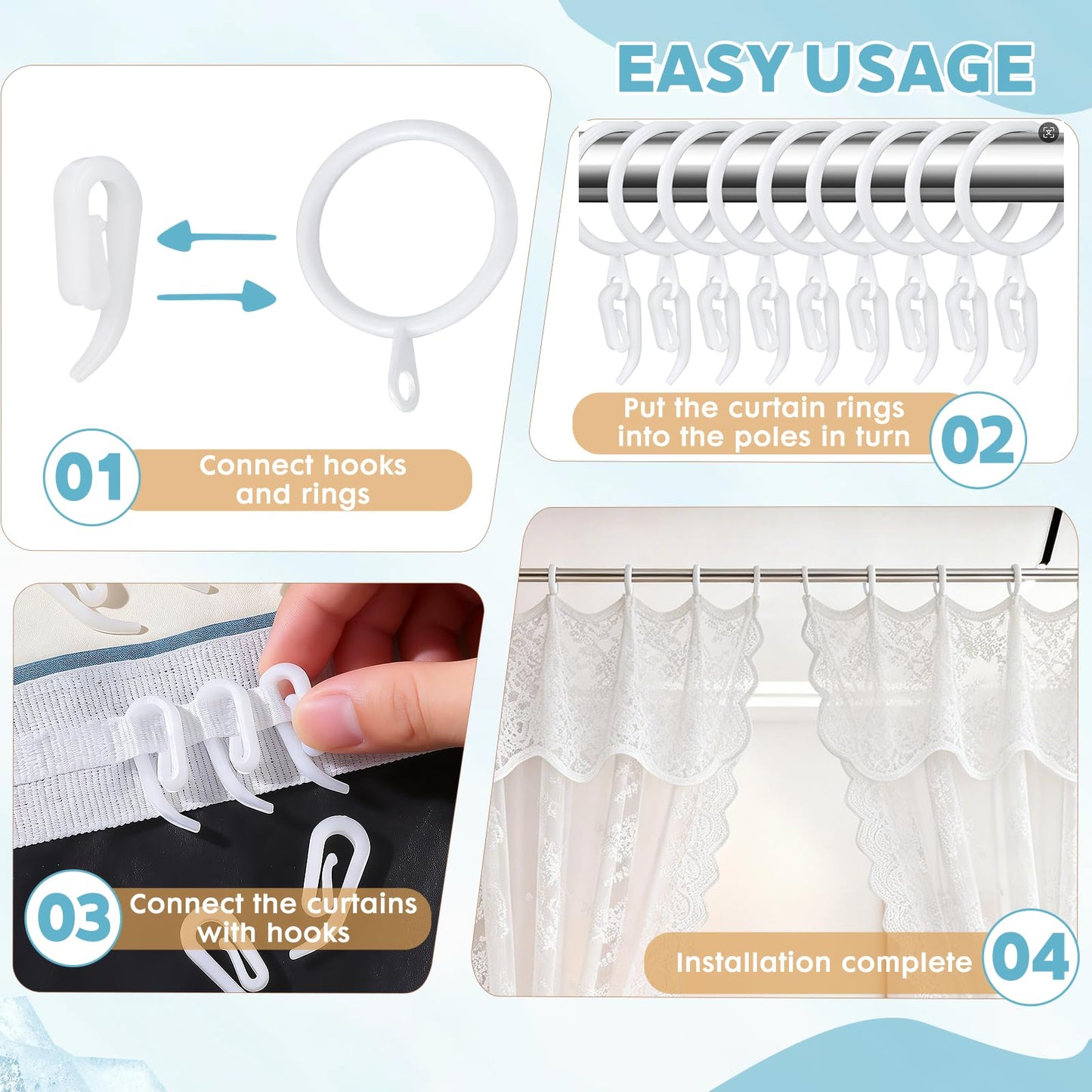 Plastic Curtain Hooks 100 Pieces for curtains (white,12x28mm)