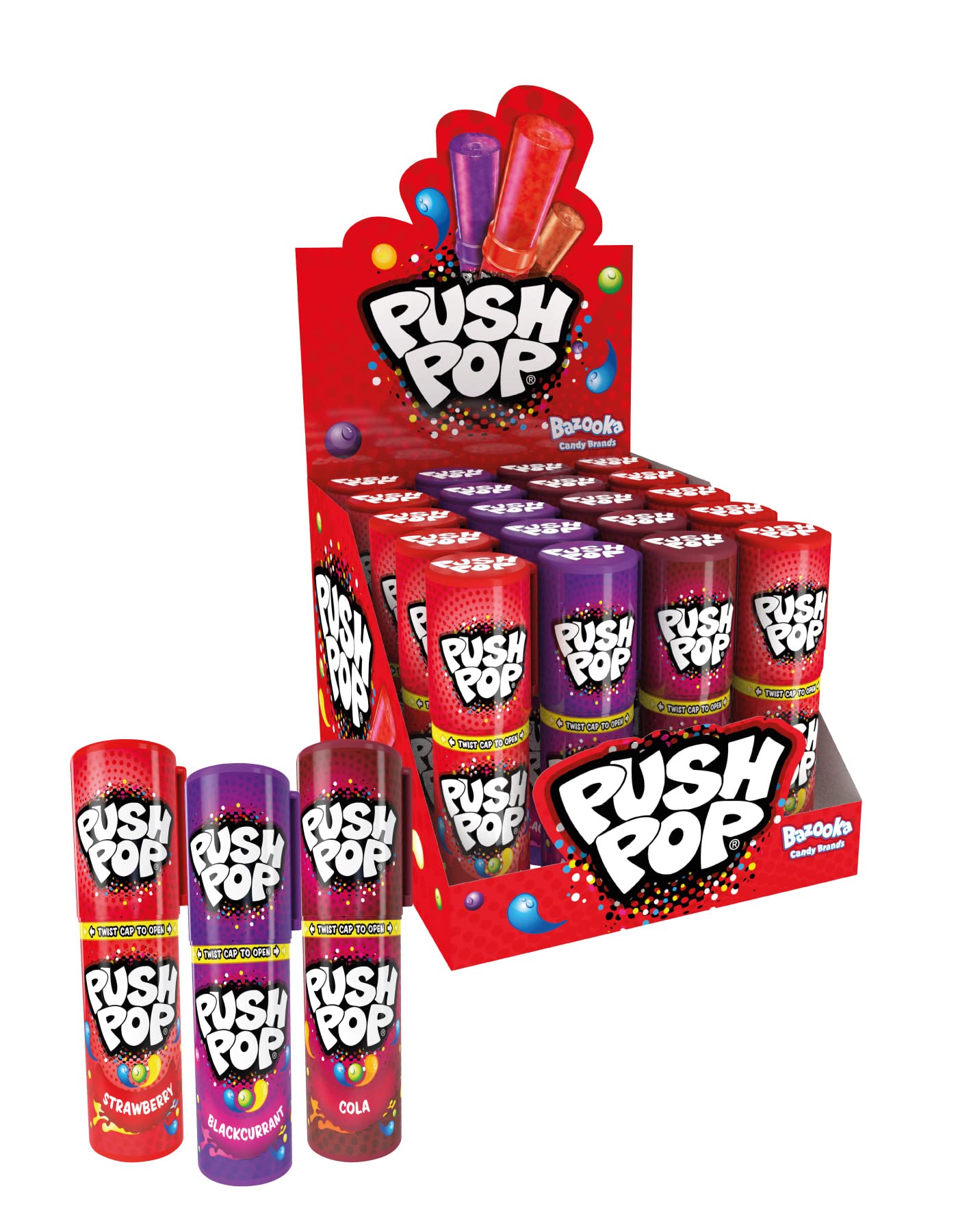 Push Pop Lollipops (Pack of 20 Lollipop Sweets Bulk) Twist Cap and Clip, Tasty Kids Sweets for Party Bags, Strawberry, Blackcurrant & Cola Lollies -