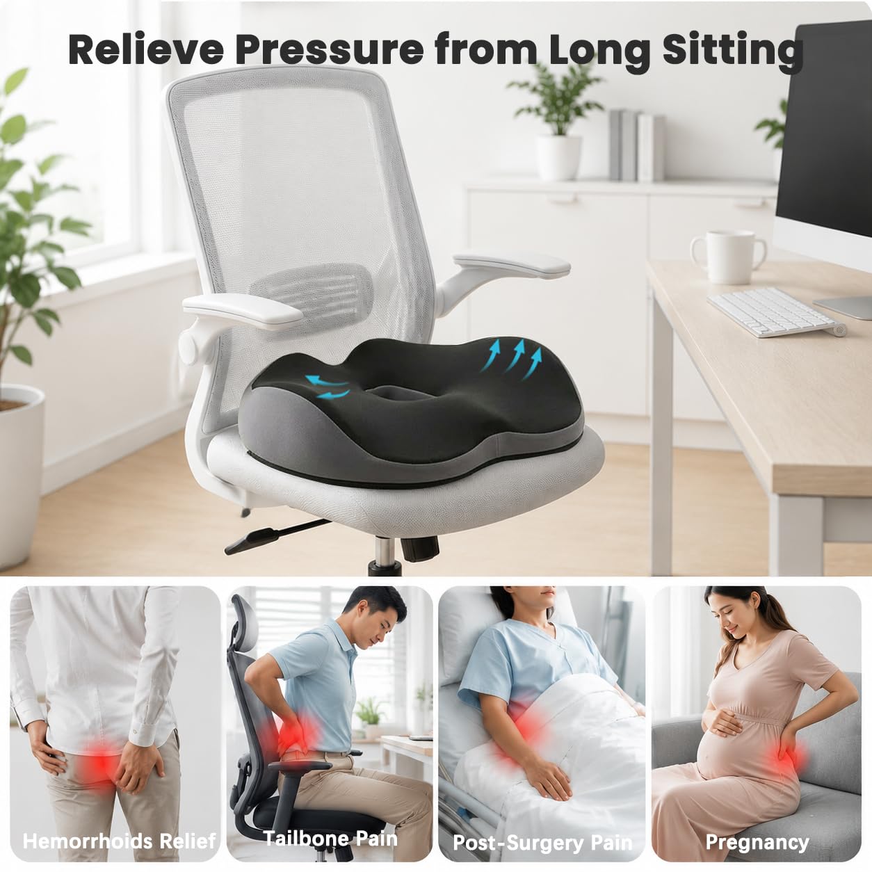 BEIKIMSU Memory Foam Seat Cushions with Ergonomic Design for Tailbone Pain