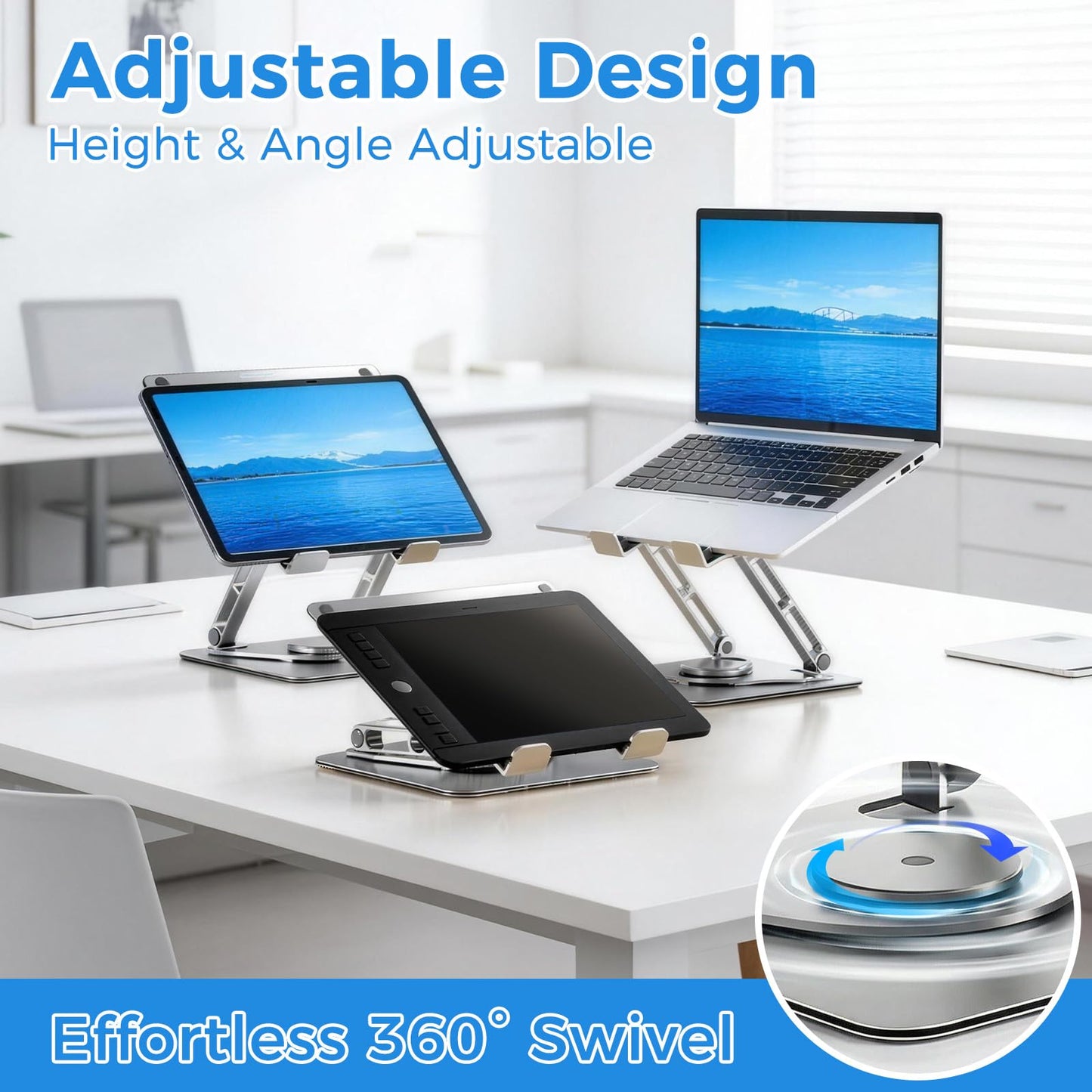 NBOUOU 360° Adjustable Laptop Stand for Desk, Swivel Base Laptop Riser Holder, Foldable Riser for Desk Foldable Ergonomic Notebook Stand with