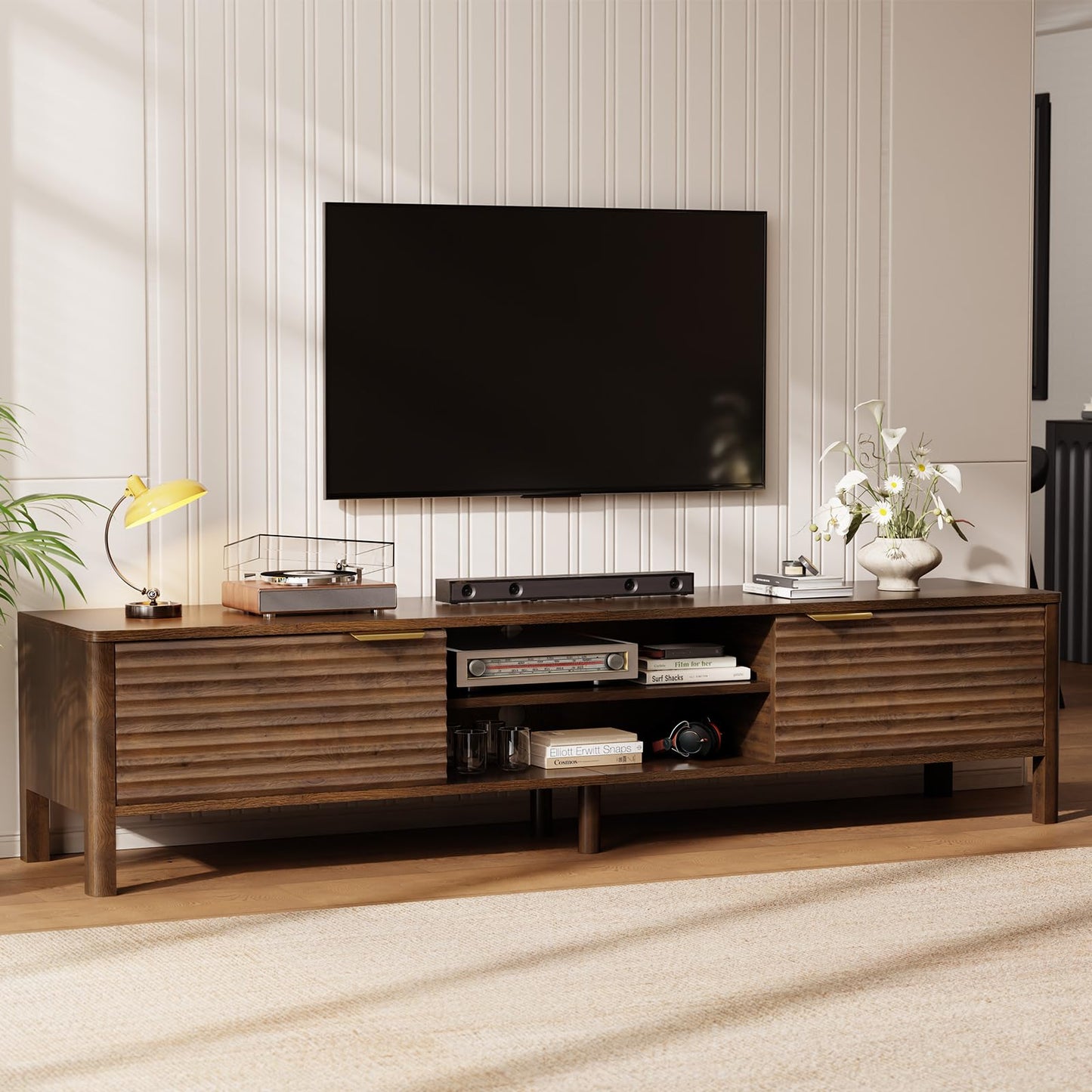IKALIFE Wooden TV Unit, 200cm Long TV Stand Cabinet with Storage, Walnut