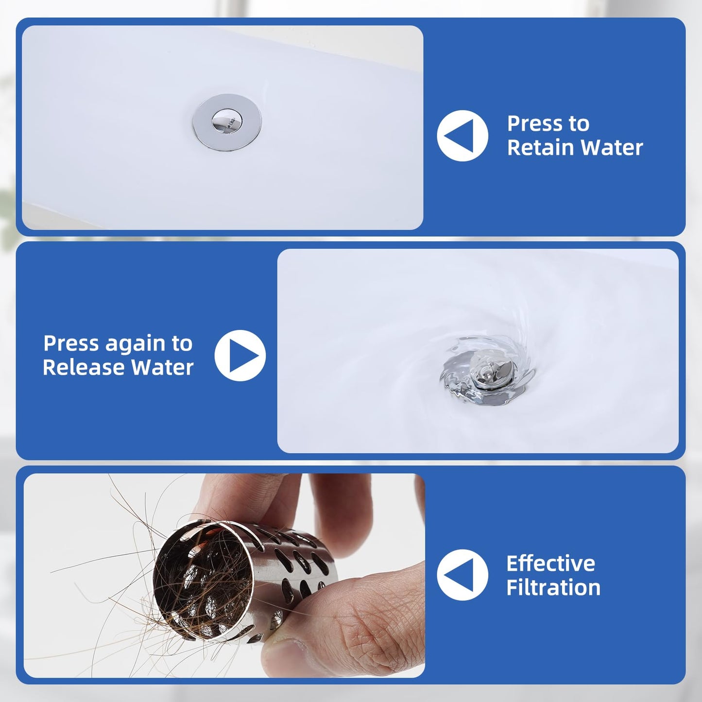 iFealClear 2PC Upgraded 3 in 1 Bathroom Sink Plug, Hair Catcher, Pop Up Sink Strainer Plug with Detachable Stainless Steel Filter