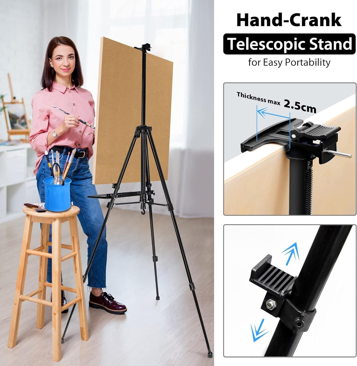 Art Easel Stand for Painting, Adjustable 51-155 cm, Folding Tripod Display Easel, Artist Stand Easel with Bag/Keg, Tabletop and Floor Painting Display