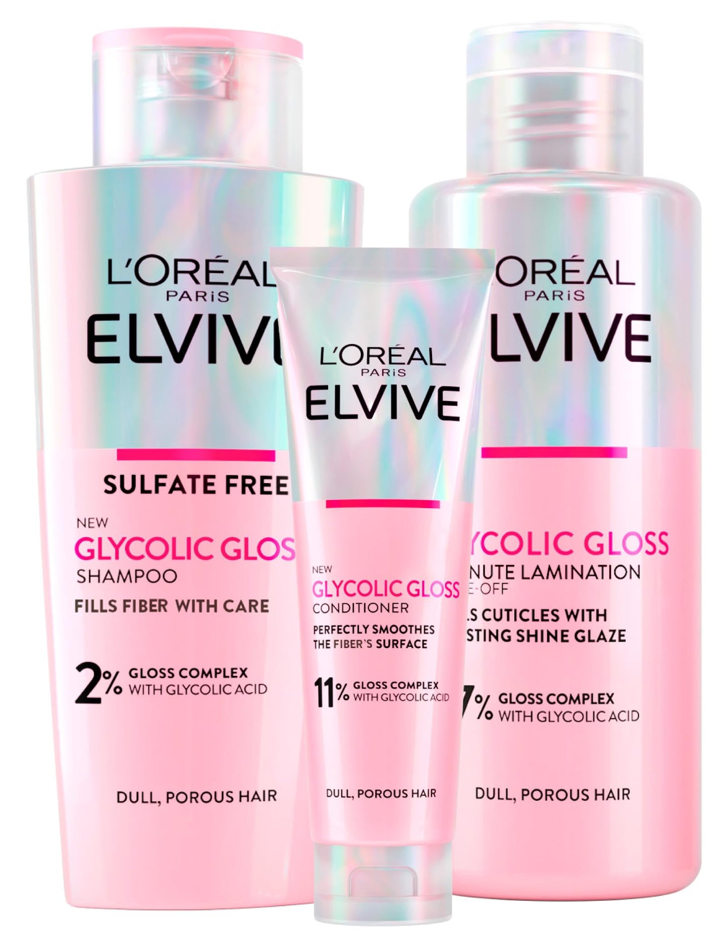 L'Or?al Paris Elvive Glycolic Gloss Conditioner 150ml + Shampoo 200ml + Lamination Treatment 5 Minutes 200ml Set for Dull and Porous Hair Intense and
