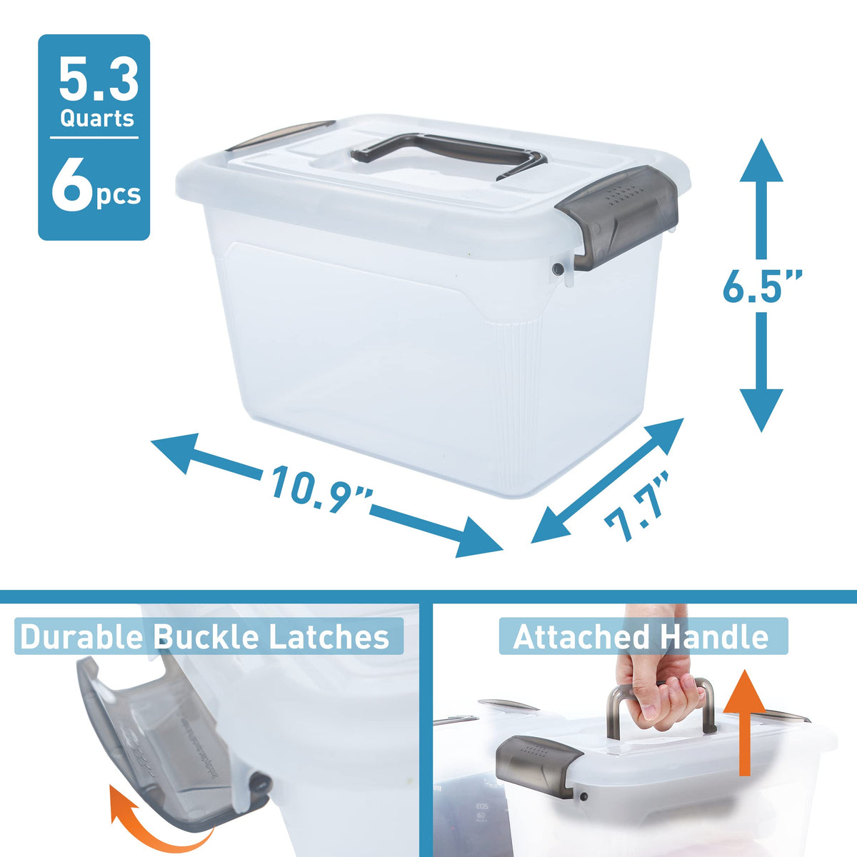 Citylife 6 Packs Plastic Storage Box with Lids Storage Boxs with Handle Clear Stackable Storage Boxes 5L, 27.8 x 19.5 x 16.4cm