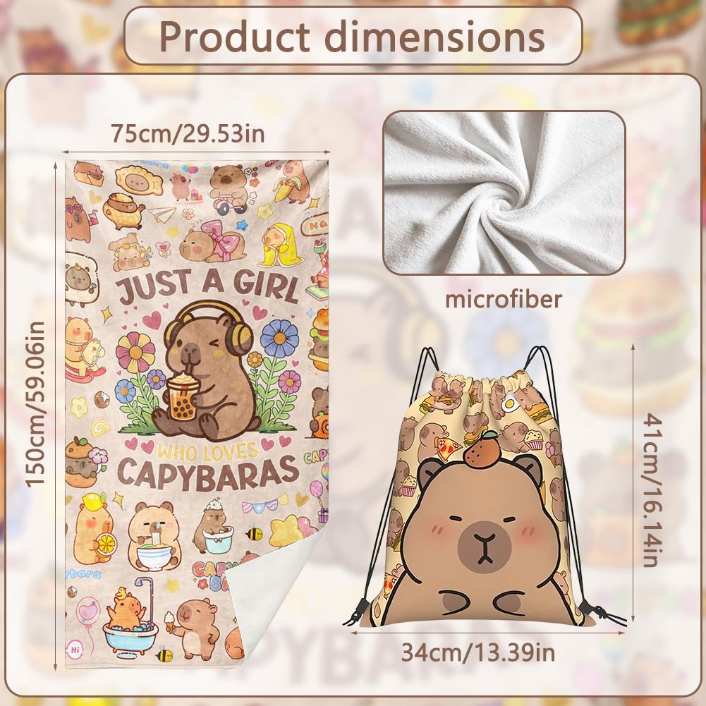 Vexthorion Capybara Microfiber Beach Towel And Drawstring Bag,75 x 150 Cm