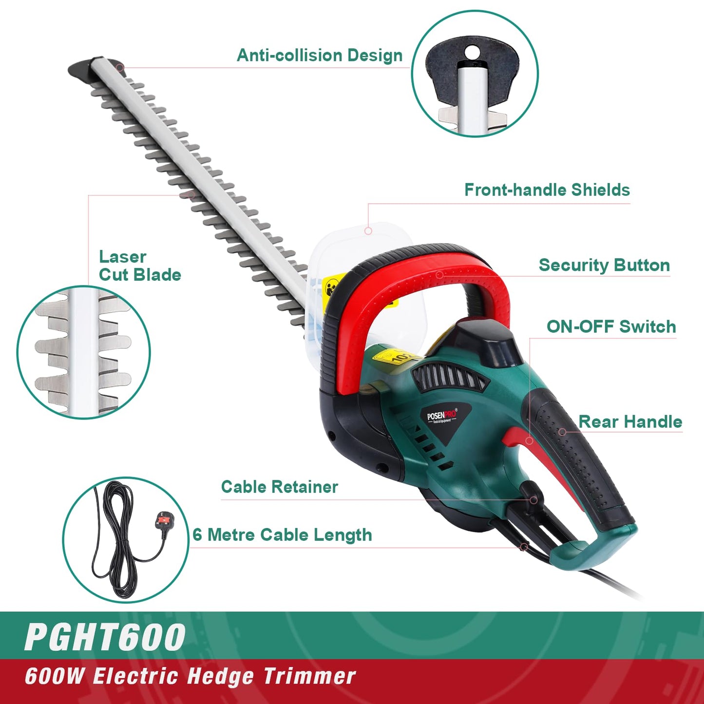 POSENPRO 600W Corded Electric Hedge Trimmer Pruner, 550mm Electric Hedge Cutter, Bush Tree Cutter, Corded Garden Cutting & Trimming Hedge, 6m Cable
