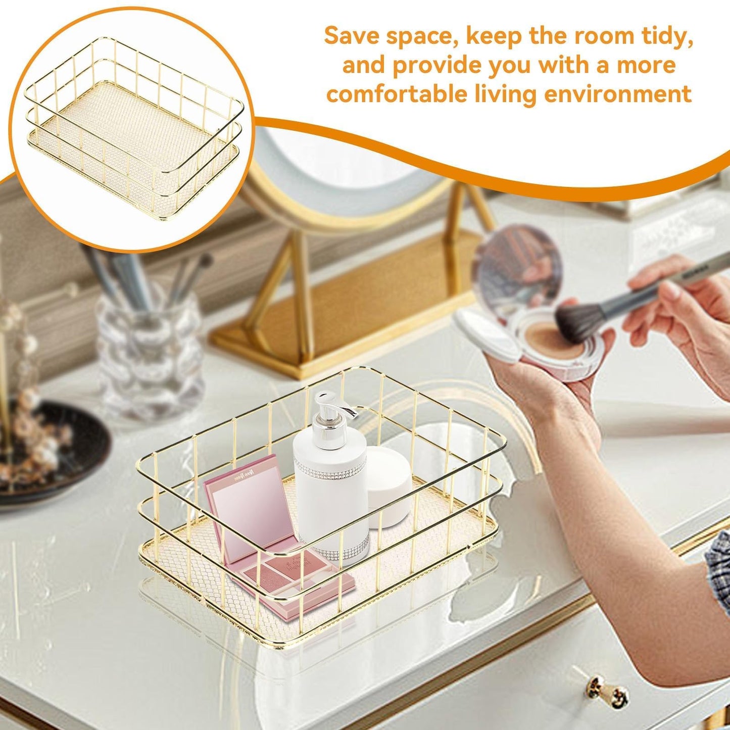 Jwthee Gold Desktop Metal Storage Basket, Small Wire Baskets for Organizing Gold Storage Bins Wire Cabinet Organizer for Kitchen Cabinets, Bathroom