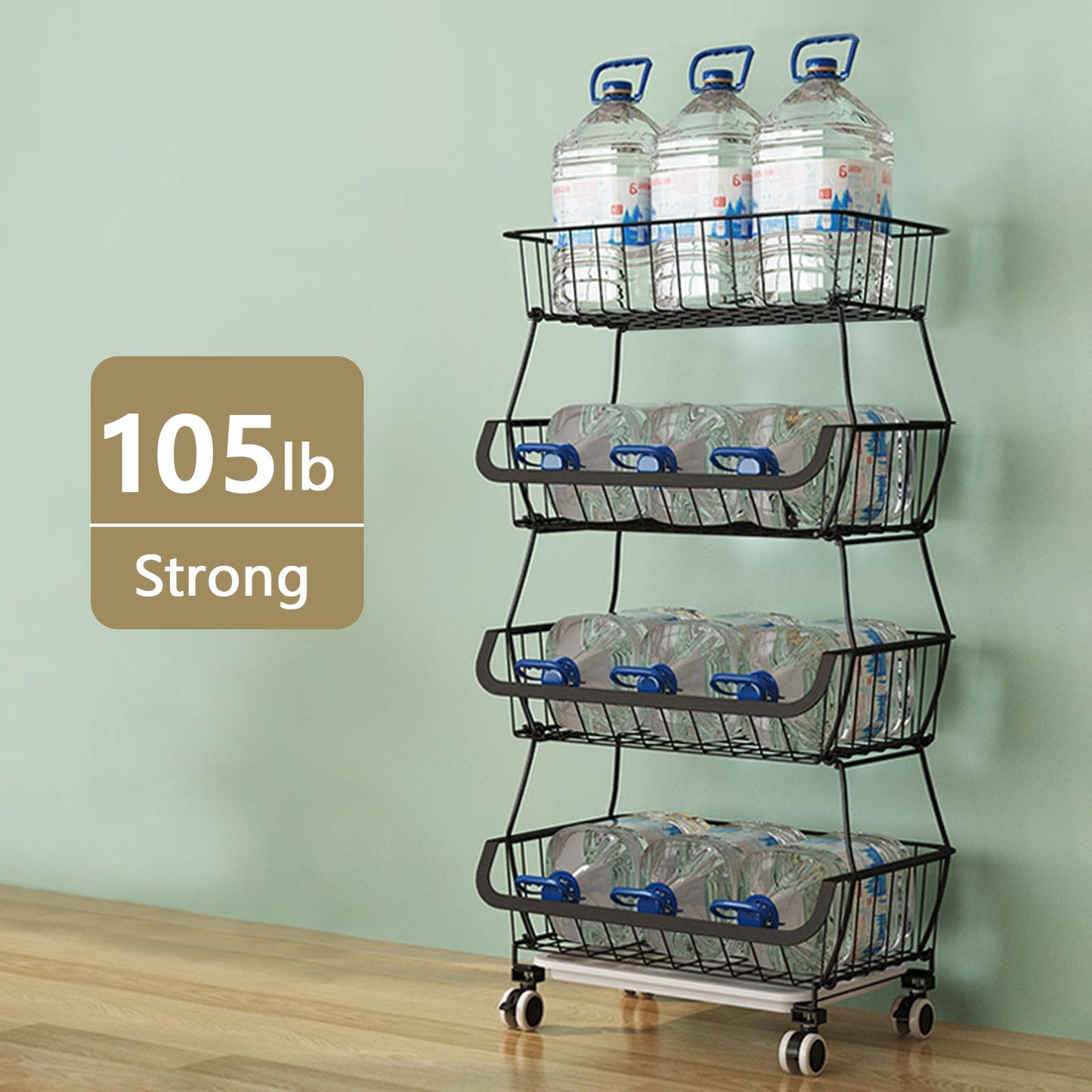 BRIAN & DANY 4 Tier Vegetable Storage Rack, Stackable Fruit Vegetable Stand with Lockable Casters and 5 S-Hooks for Kitchen, Pantry, Bathroom, Garage