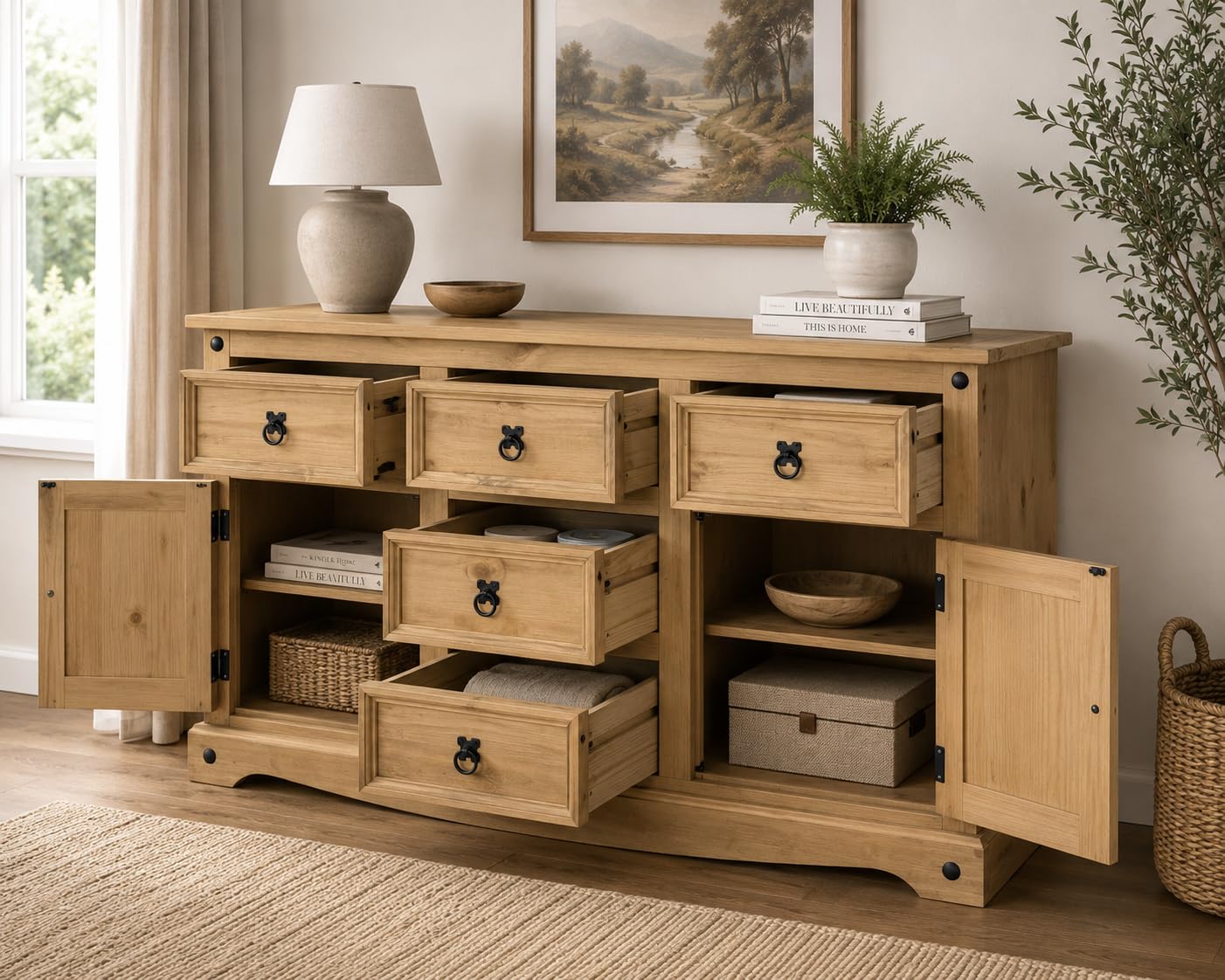 Corona Sideboard 5 Drawer 2 Door Large Cupboard Wide Mexican Solid Pine Wood with Wax Finish and Black Metal Hardware 76cm H x 125cm W x 40cm D