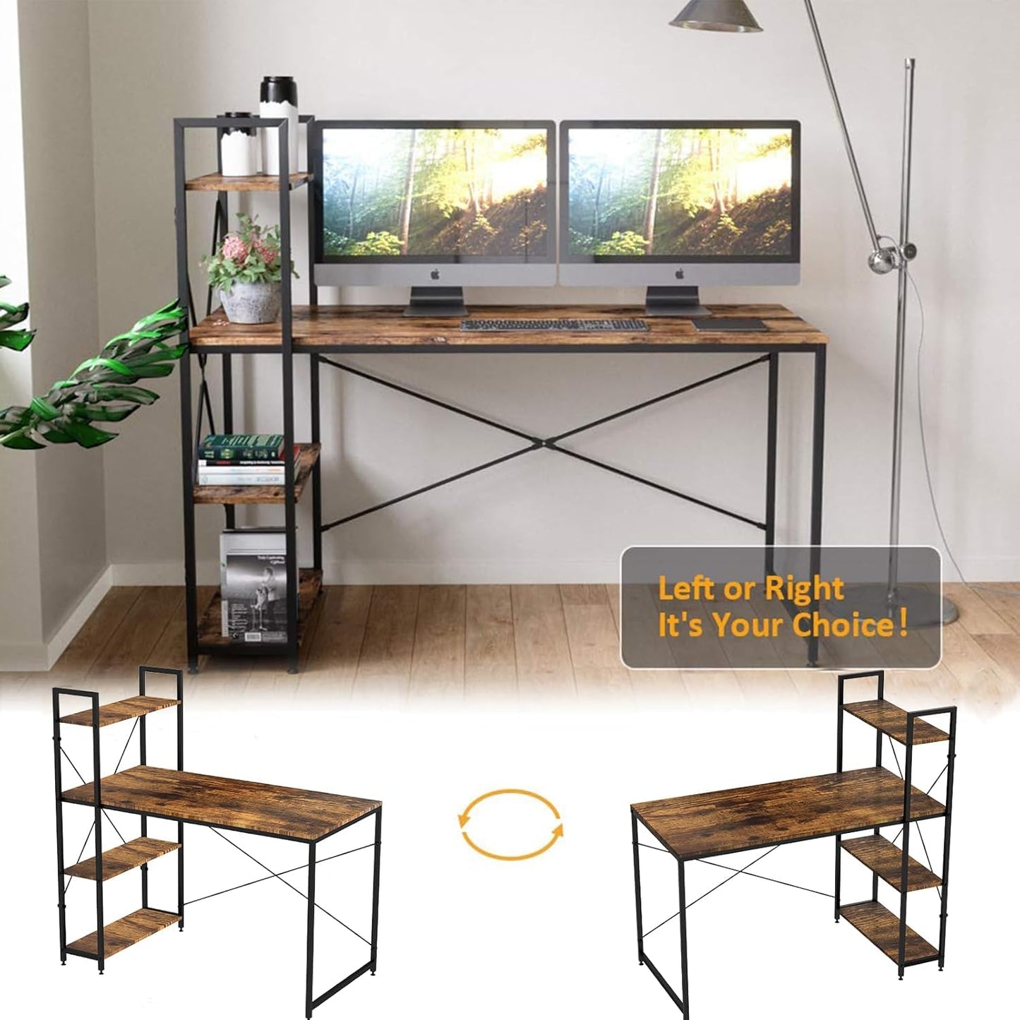 YOBWOK Computer Desk with 4 storage shelves,Writing Desk with Storage Shelves on Left or Right,120x60x72cm Wide Home Office Desk, for Study