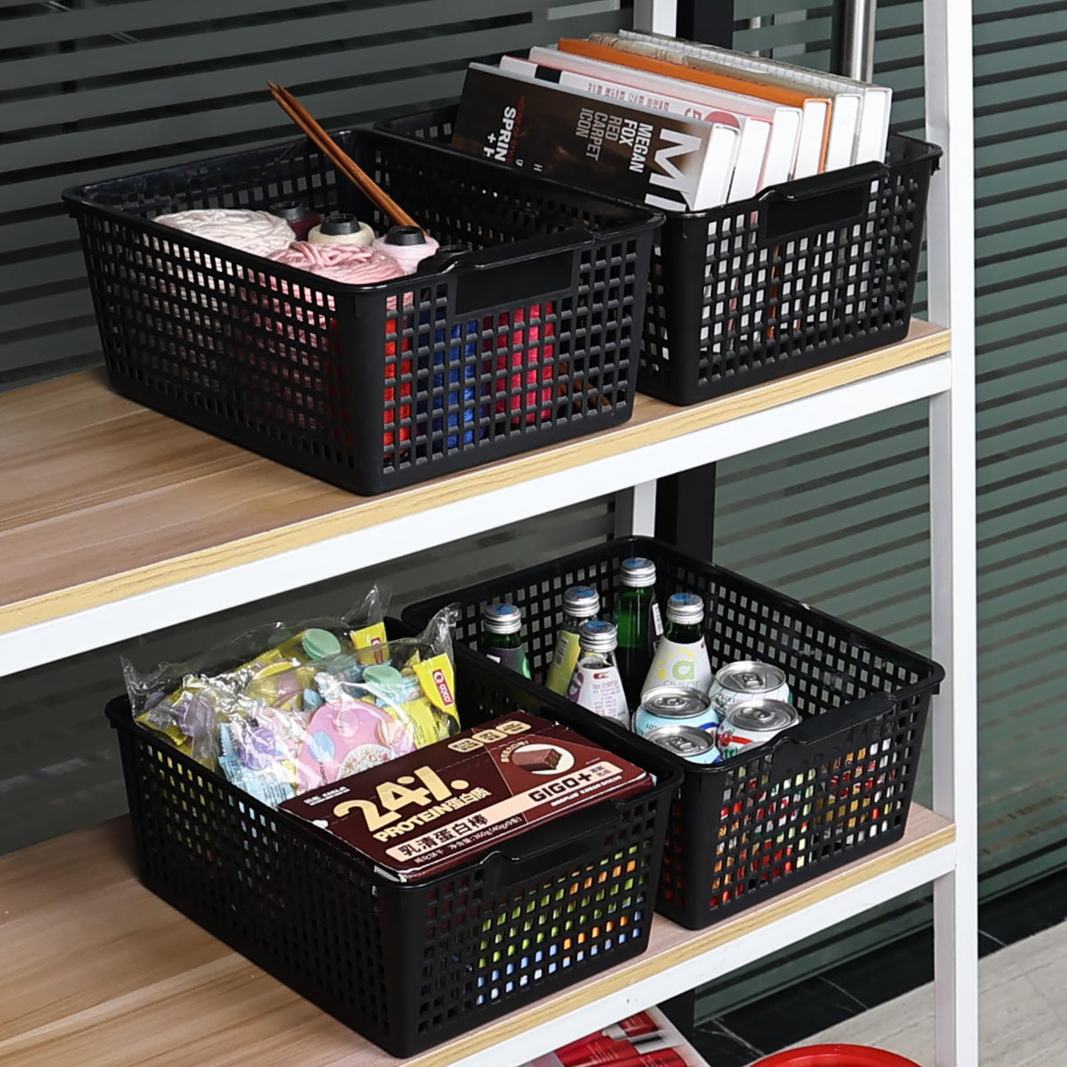 Guankan 3 Pack Large Plastic Storage Baskets, Black Cupboard Storage Basket