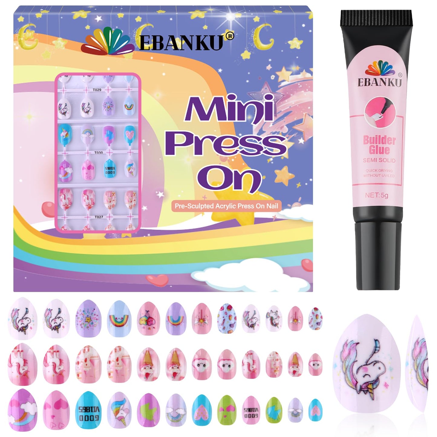 EBANKU 72Pcs Press on Nail Kid, Ice Cream Cute Pattern Fake Nails for Kids Colorful Press on Nail Short Artificial False Nail Kits for Nail DIY