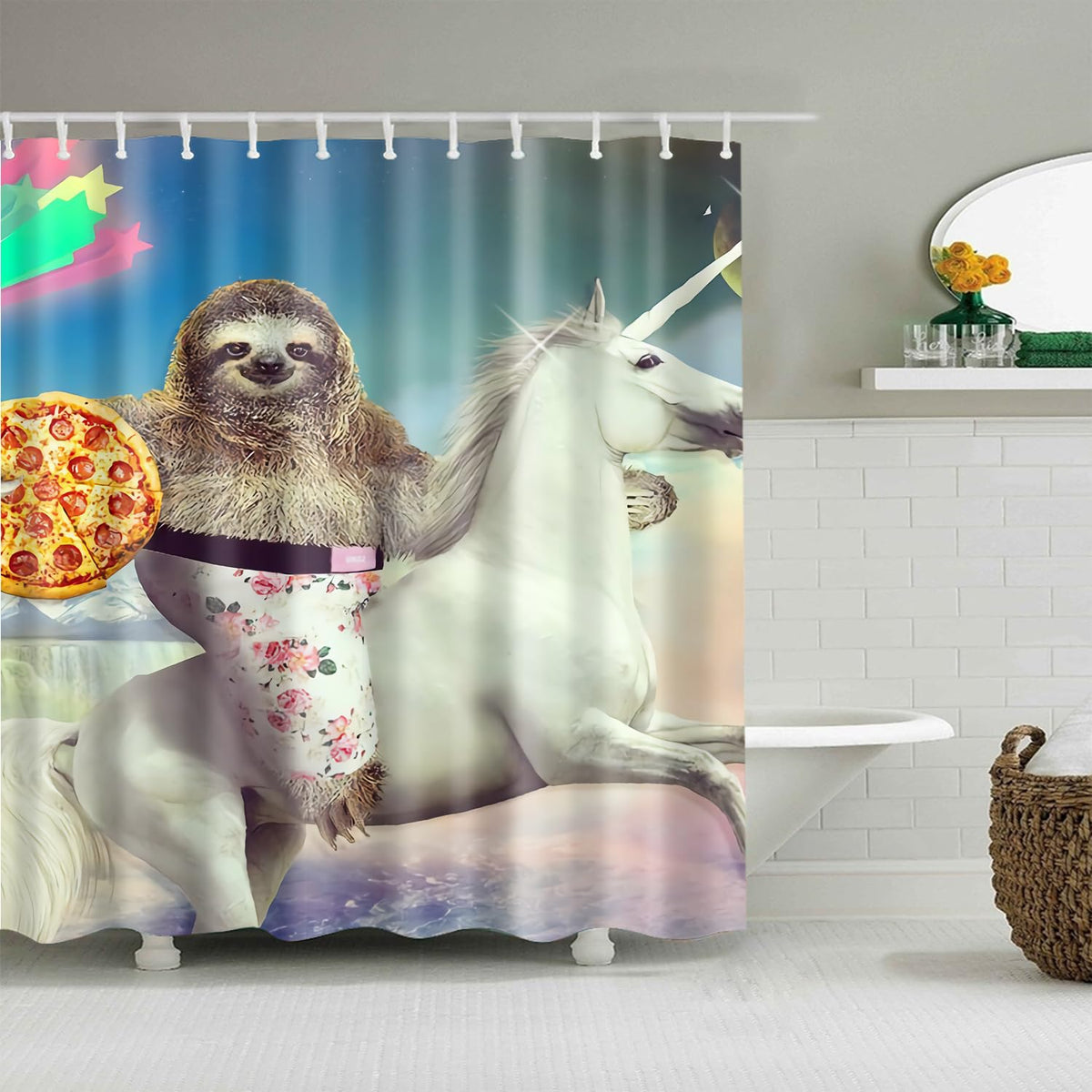 BOYOUTH 3D Funny Sloth Riding Horse with Pizza Pattern Digital Print Bath Shower Curtains Polyester Waterproof Fabric Bath Curtain with 12 Hooks,70x70