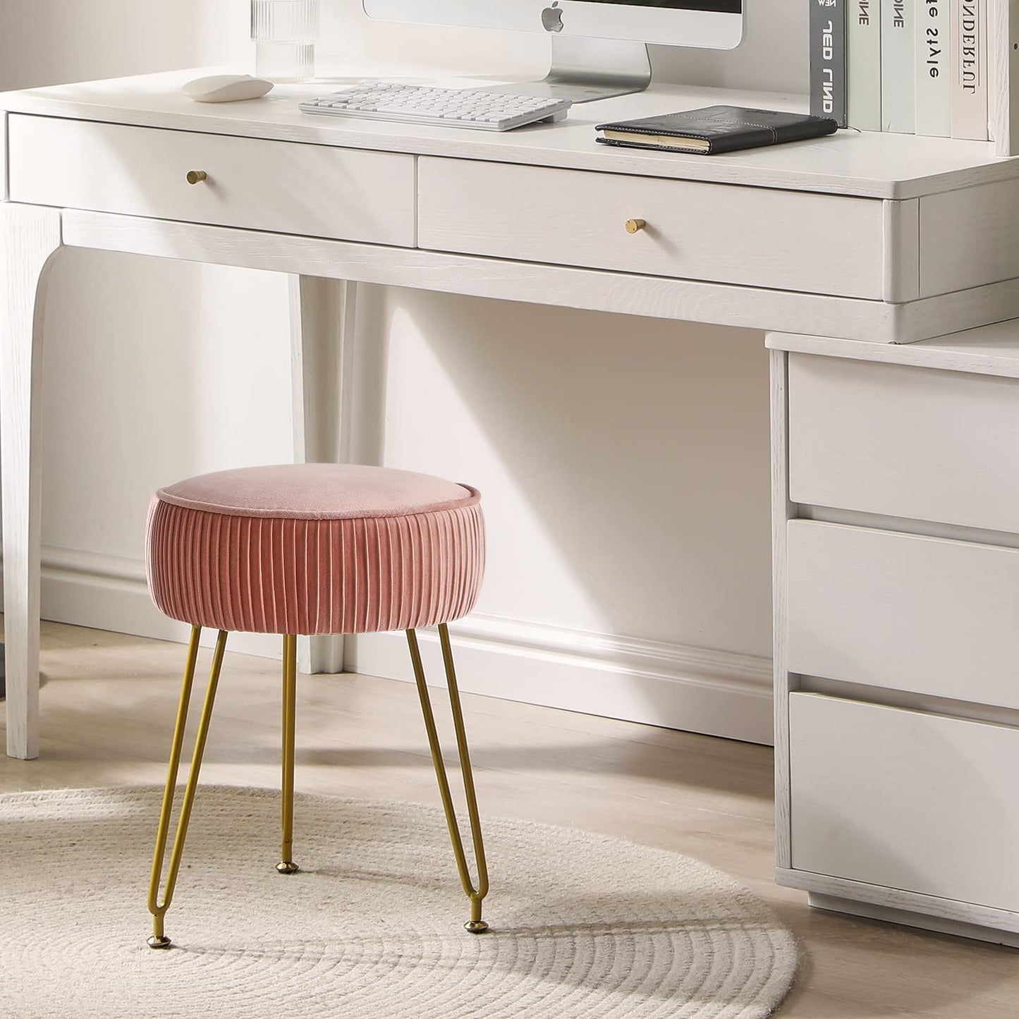 IBUYKE Makeup Vanity Stool, Velvet Round Footrest Ottoman, Pink L/G-30P