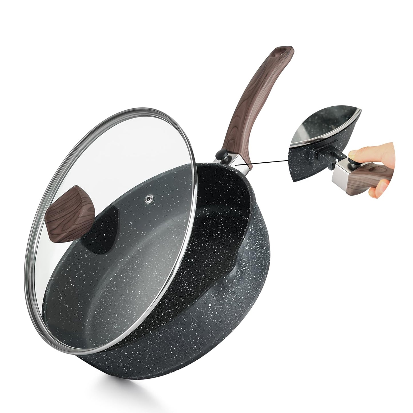 Kordisen Nonstick Deep Frying Pan with Lid, 28cm Saute Pan Skillet with Detachable Wood Handle, Granite Stone Coating for Cooking, Induction Cookware,