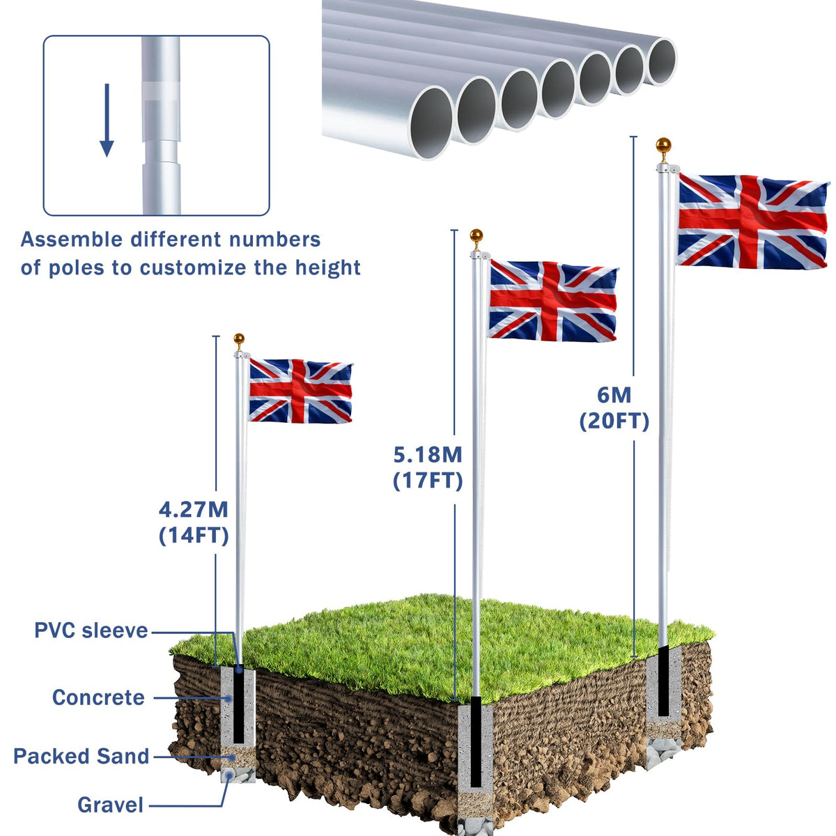 NQ 20FT (6M) Flag Poles for Garden, Sectional Heavy Duty Aluminum Flag Pole Kit with UK Flag, Flag Pole Topper, Flagpole Rope, Outdoor in Ground Flag